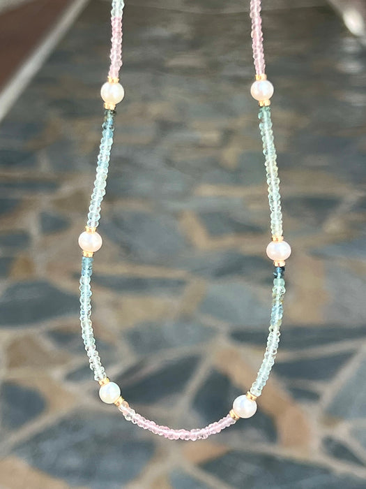Aquamarine Beaded Necklace With Seedless Pearls Accents