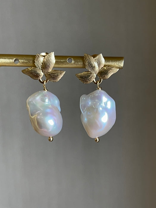 Baroque Pearl Drop Earrings On Golden Leaves Studs