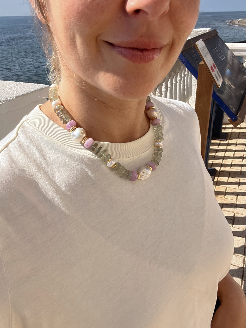 Statement Necklace In Green Amethyst And Kunzite
