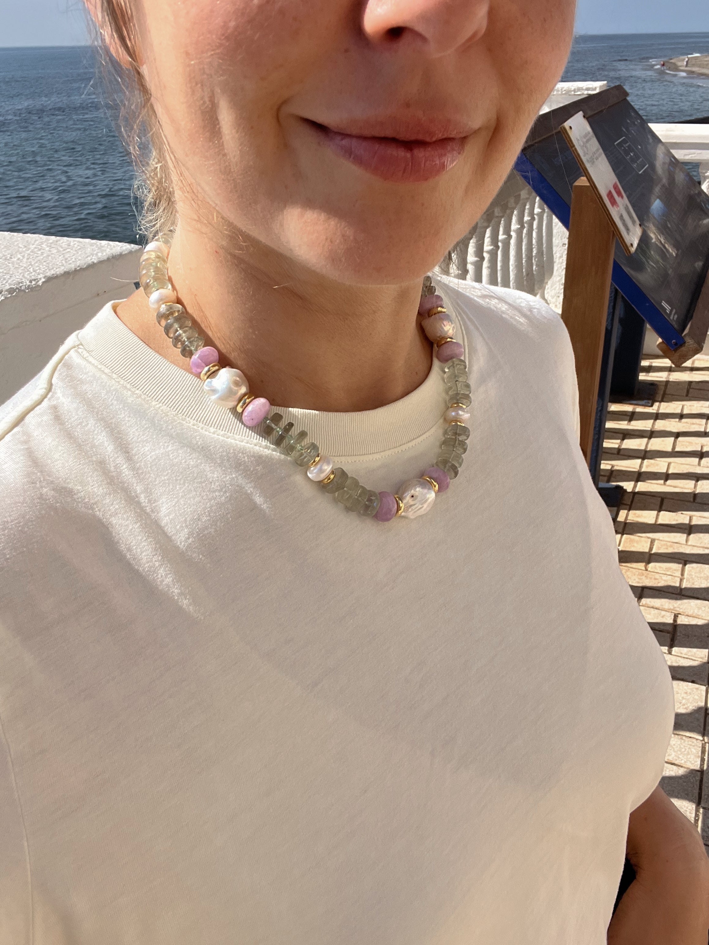 Statement Necklace In Green Amethyst And Kunzite