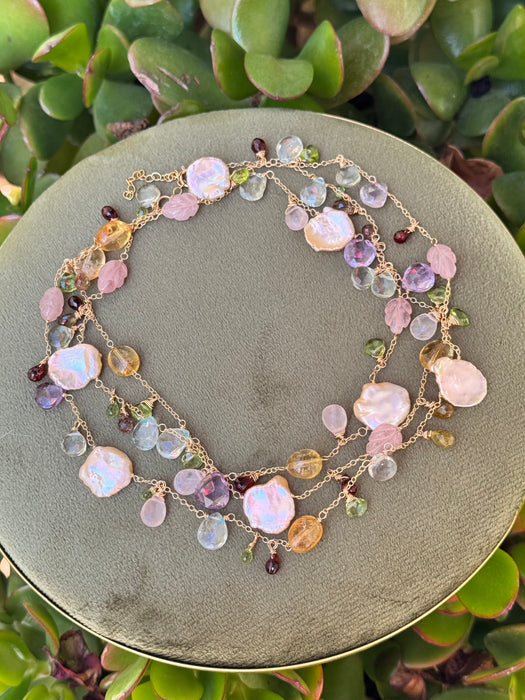 Multi Gemstone And Pink Keshi Pearl Necklace