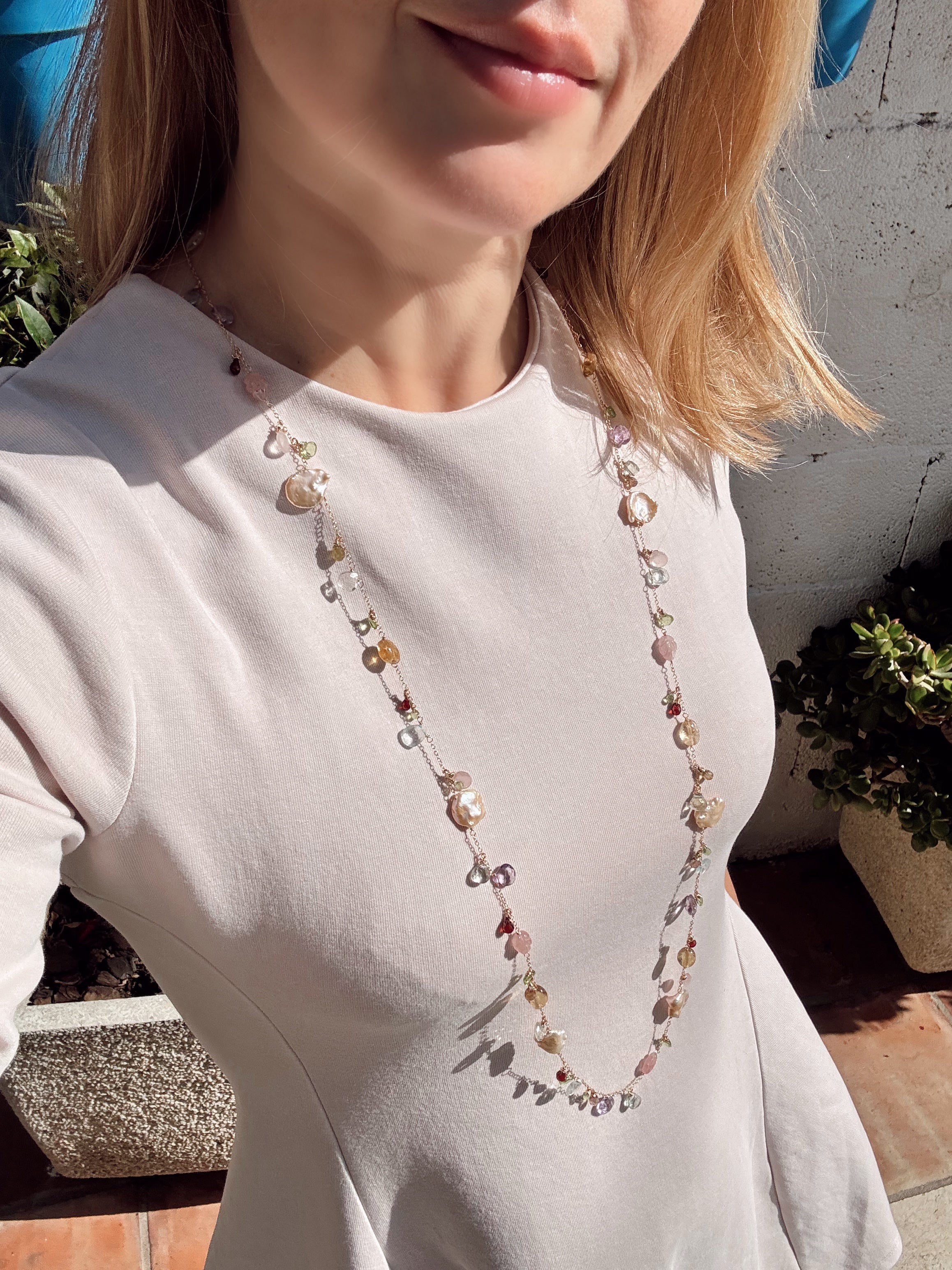 Multi Gemstone & Pink Keshi Pearl Long Necklace — 14k Gold Filled