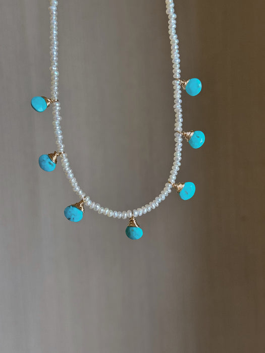 Natural Turquoise and Tiny Pearl Necklace