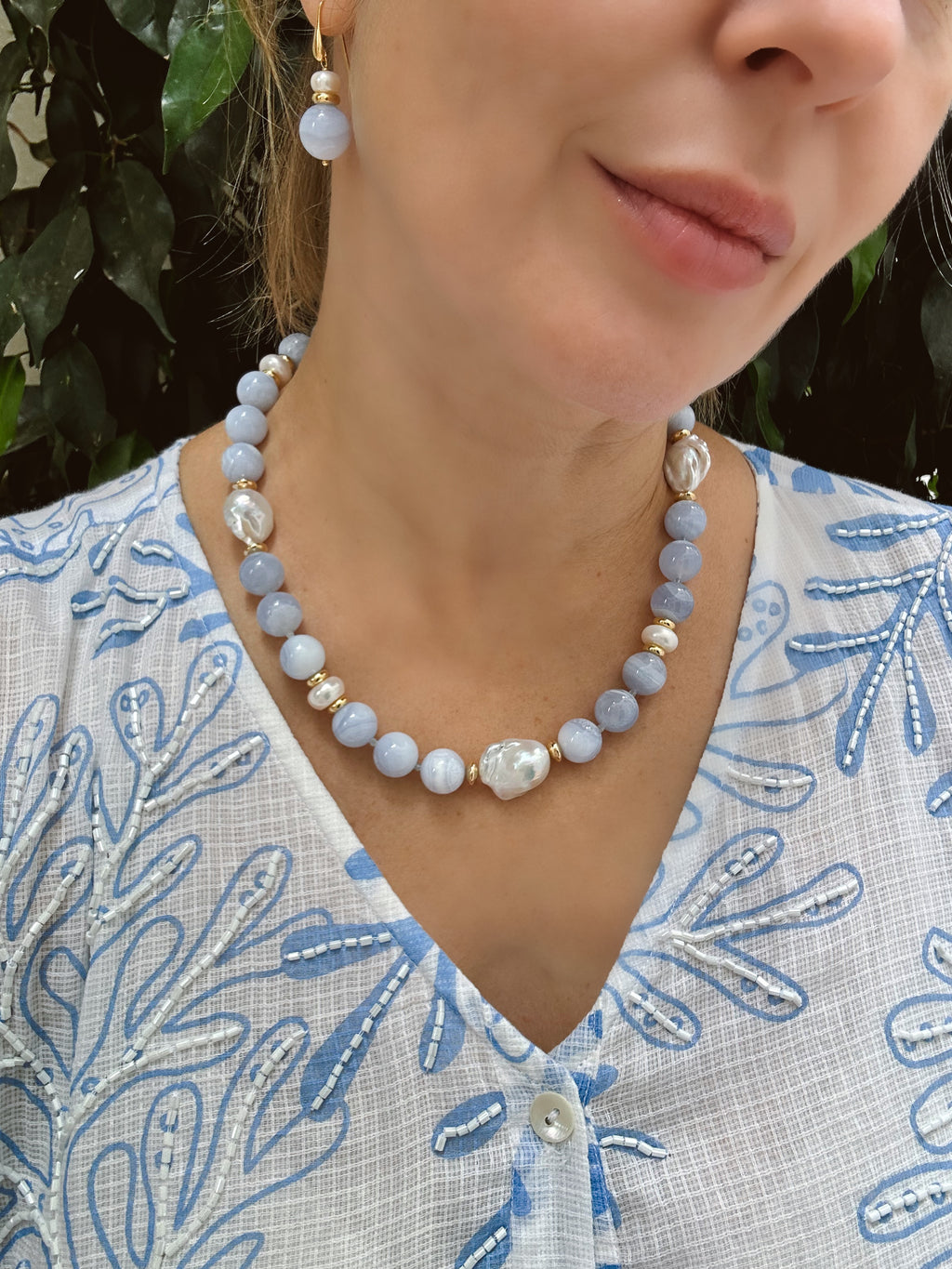 Chunky Lace Agate And Pearl Statement Necklace, Set with Earrings