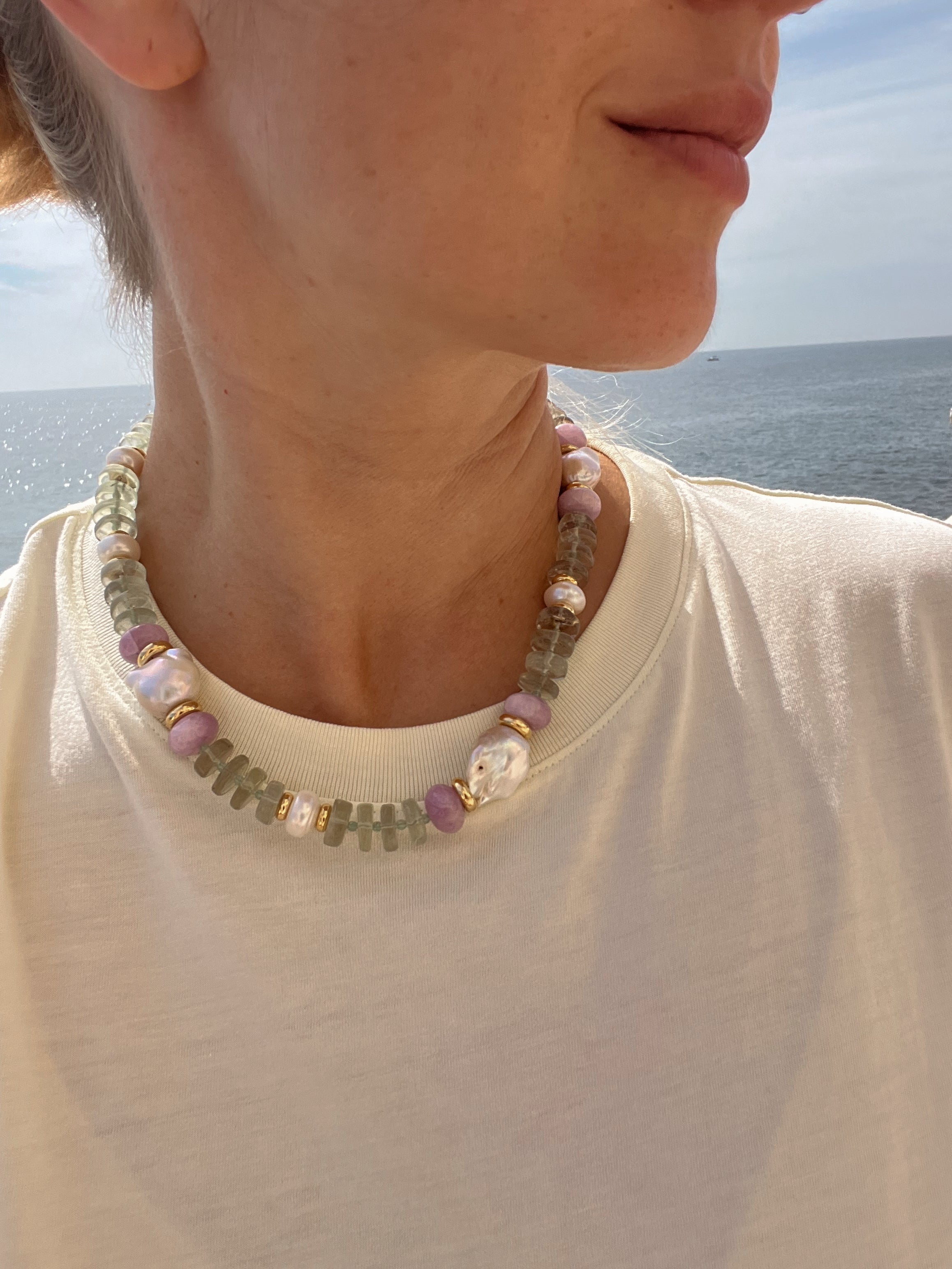 Statement Necklace In Green Amethyst And Kunzite