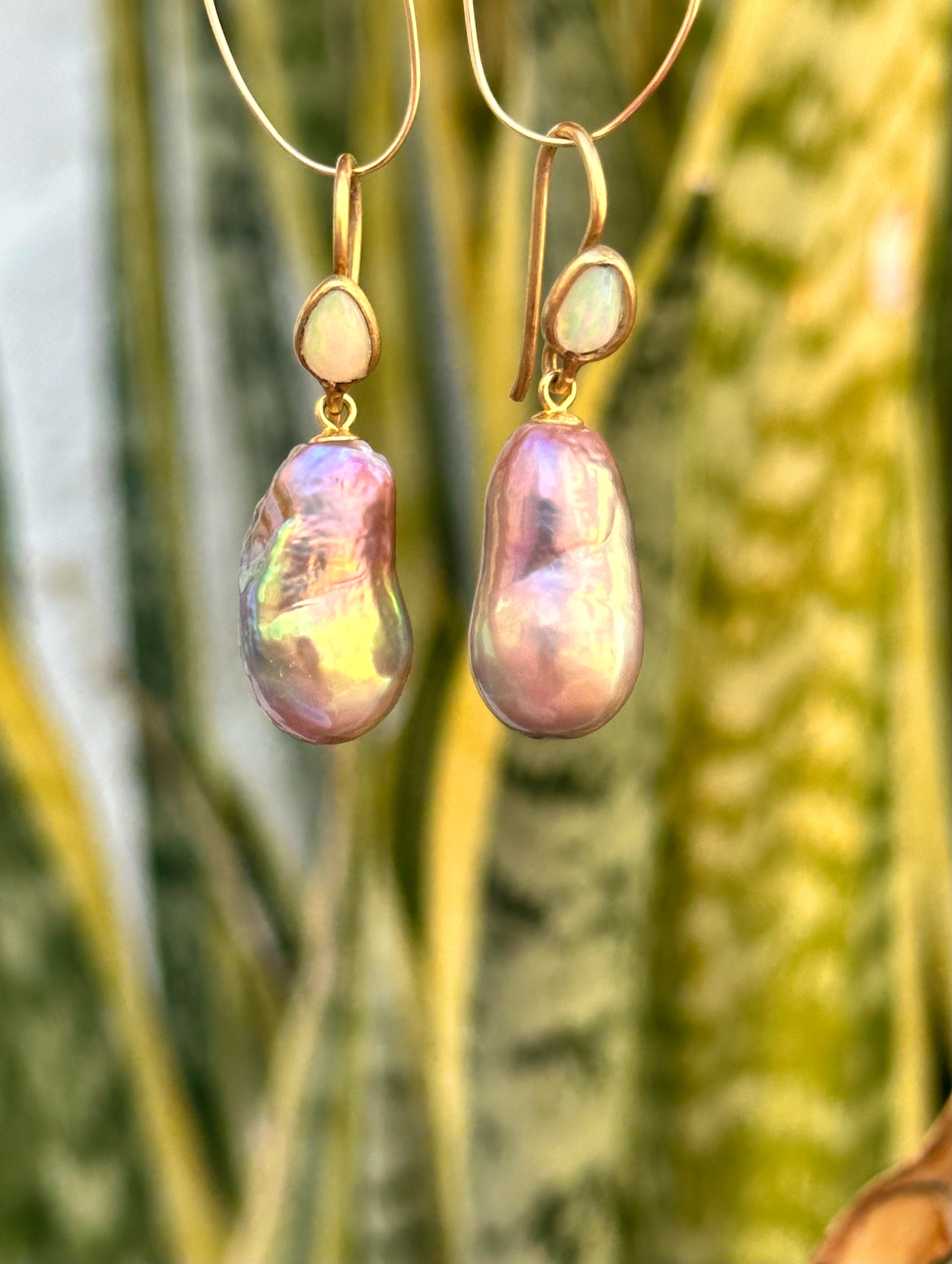 Ethiopian Opal And Earthy Edison Pearl Earrings