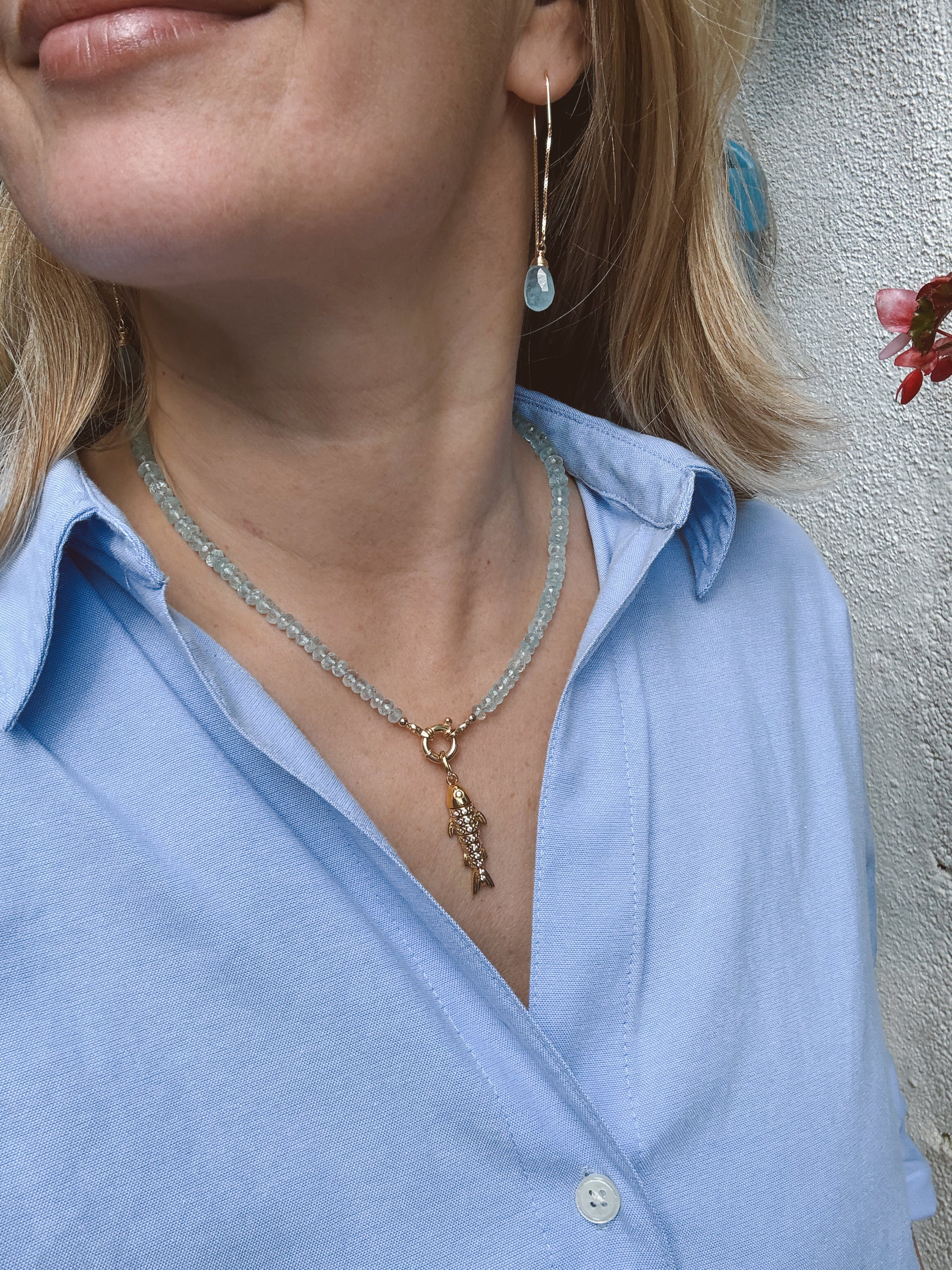Aquamarine Beaded Necklace with Gold-Plated Silver Fish Charm