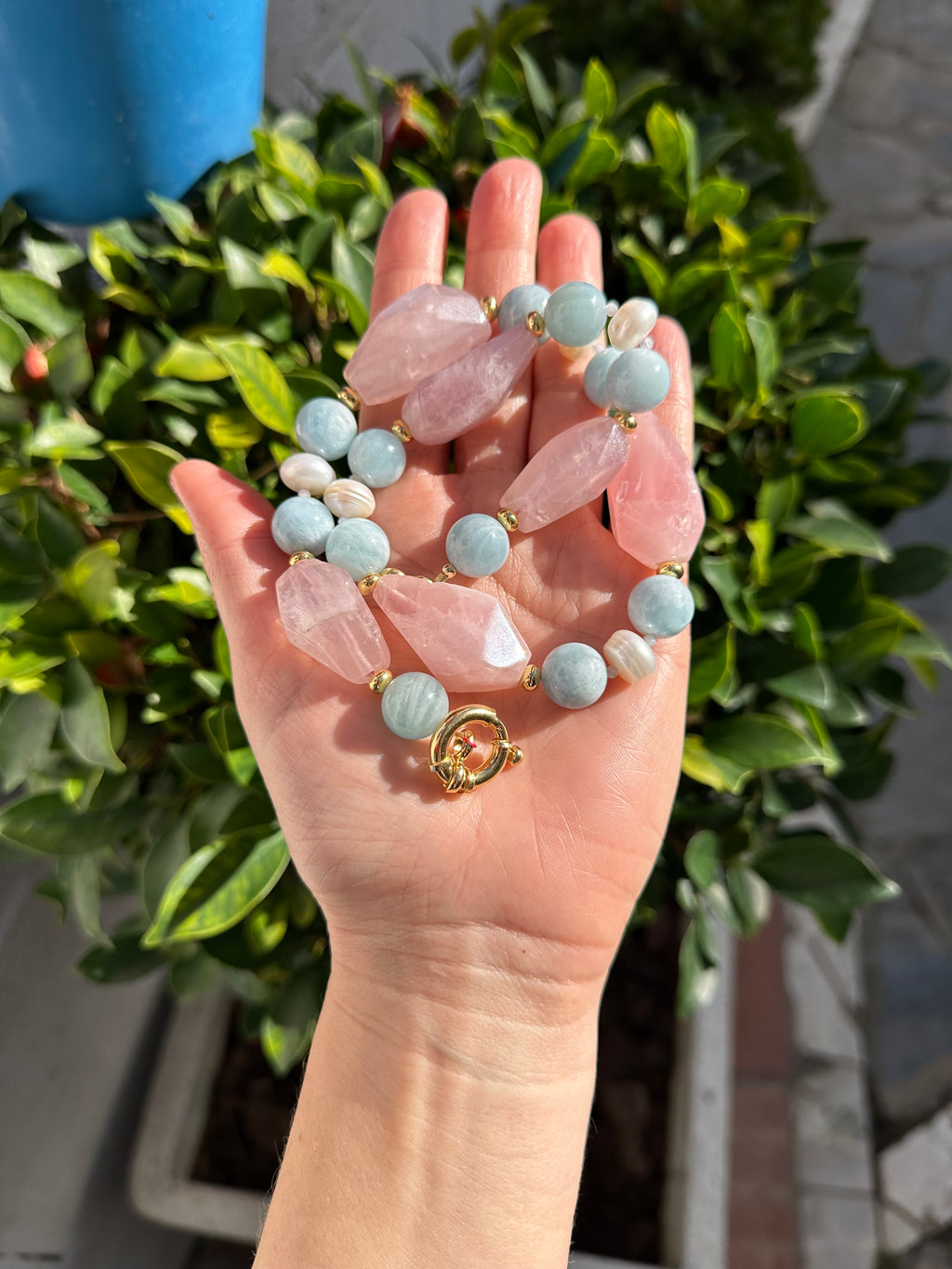 Chunky Rose Quartz, Aquamarine and Pearl Statement Necklace