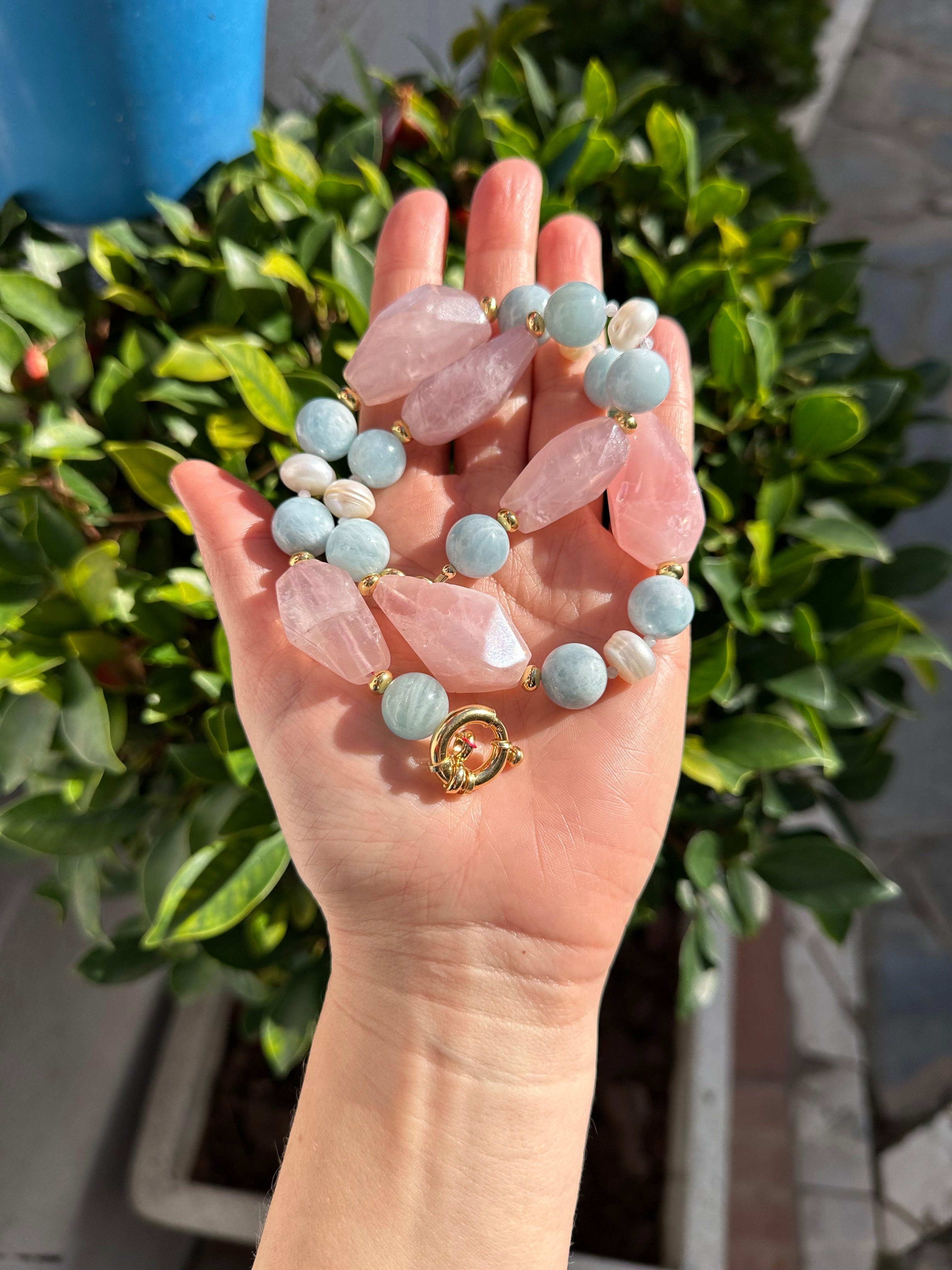 Chunky Rose Quartz, Aquamarine and Pearl Statement Necklace