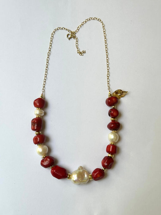 Red Coral And Pearl Statement Necklace