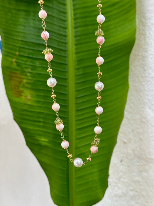 Queen Conch Shell, Pearl and Peridot Long necklace