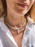 Aquamarine Beaded Choker With Pearl Pendant