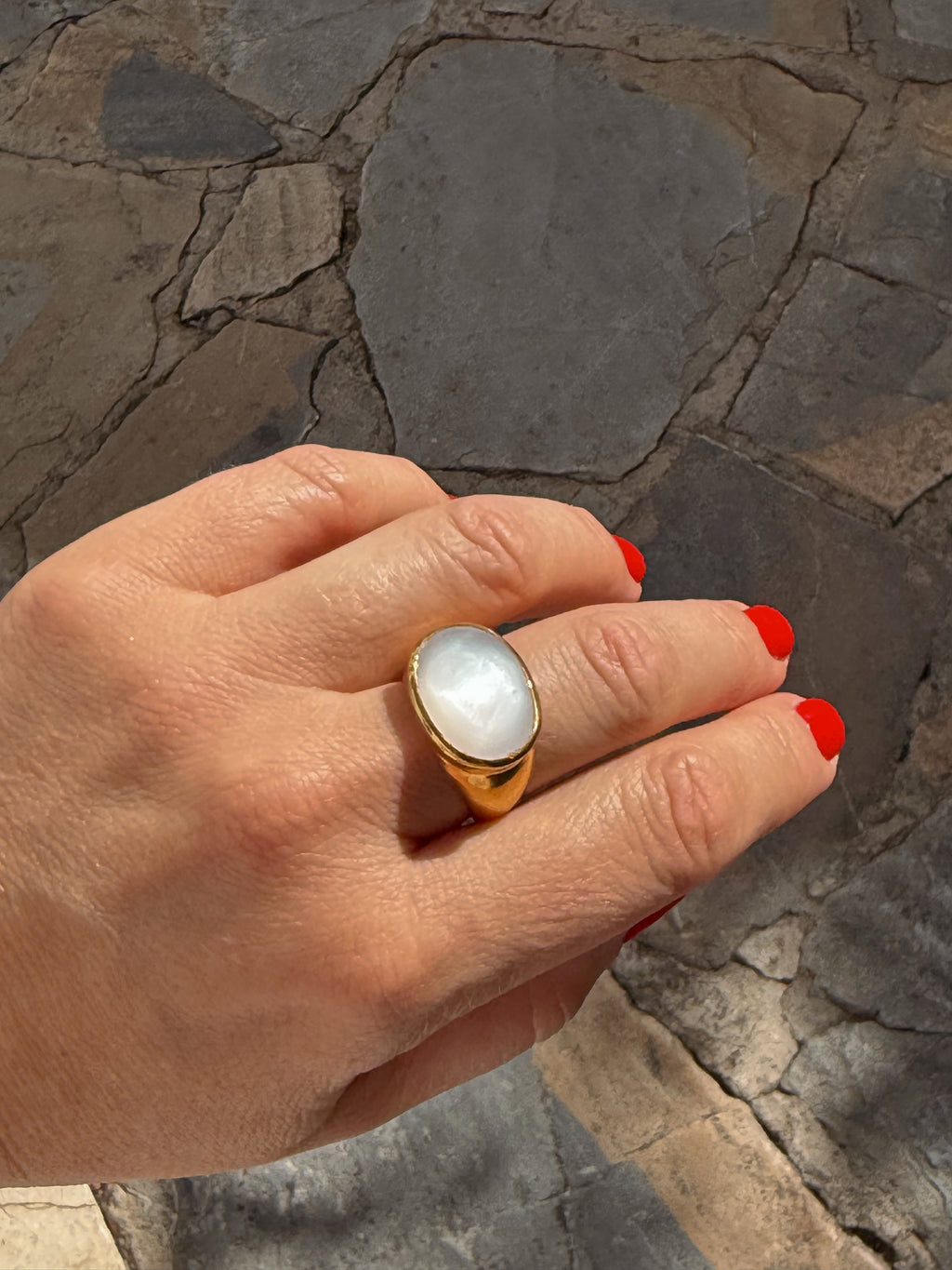 Luminous Moonstone Cabochon Ring — Gold-Plated Sterling Silver