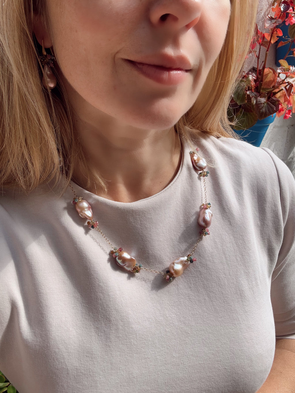 Purple Baroque Pearl & Rainbow Tourmaline Necklace — 14k Gold Filled
