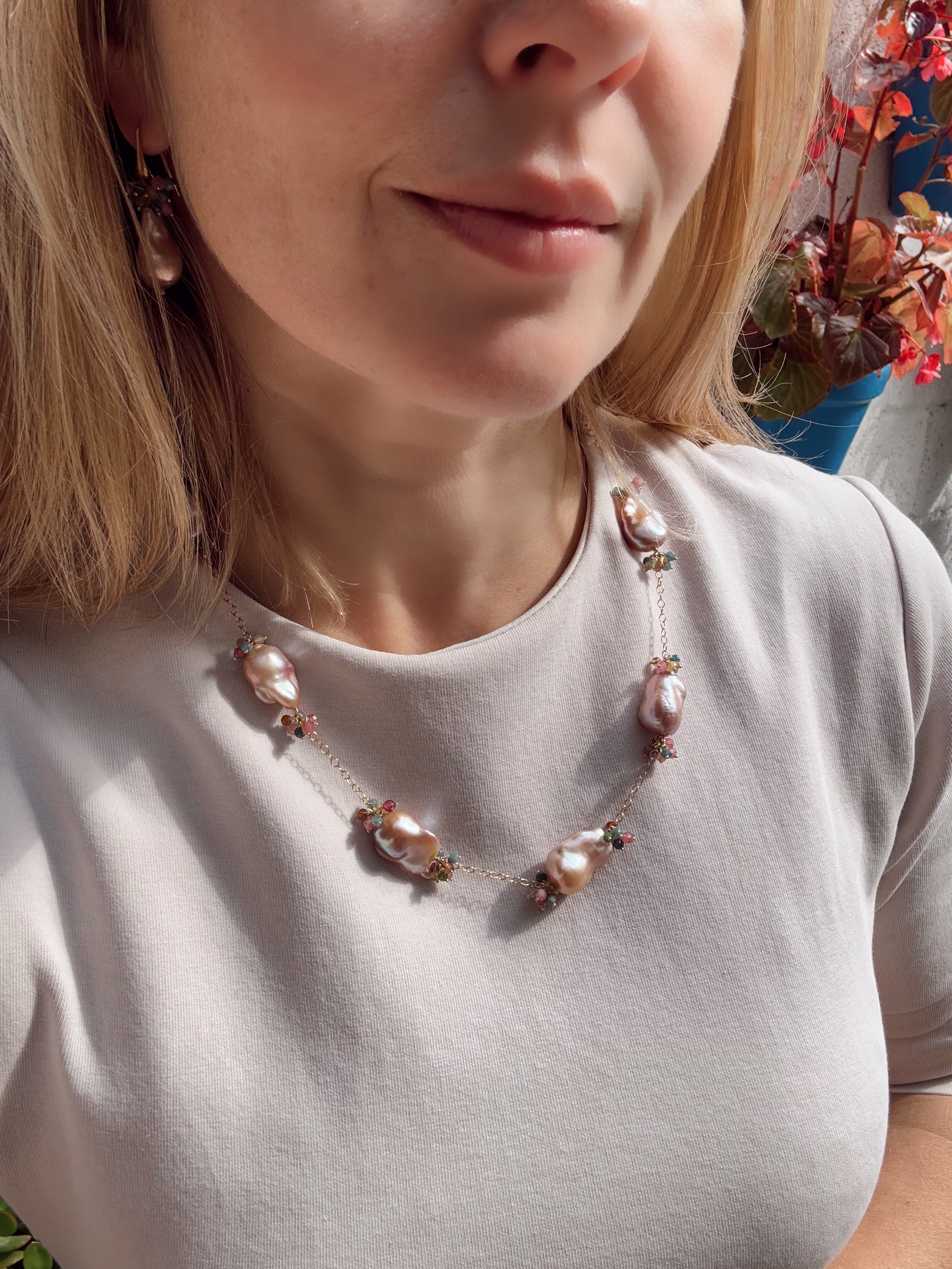 Purple Baroque Pearl & Rainbow Tourmaline Necklace — 14k Gold Filled