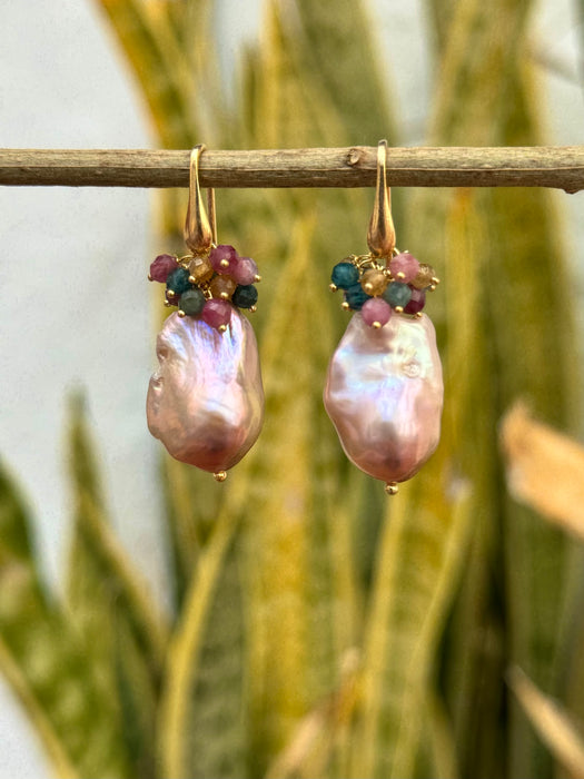 Purple Baroque Pearl Drop Earrings With Tourmalines