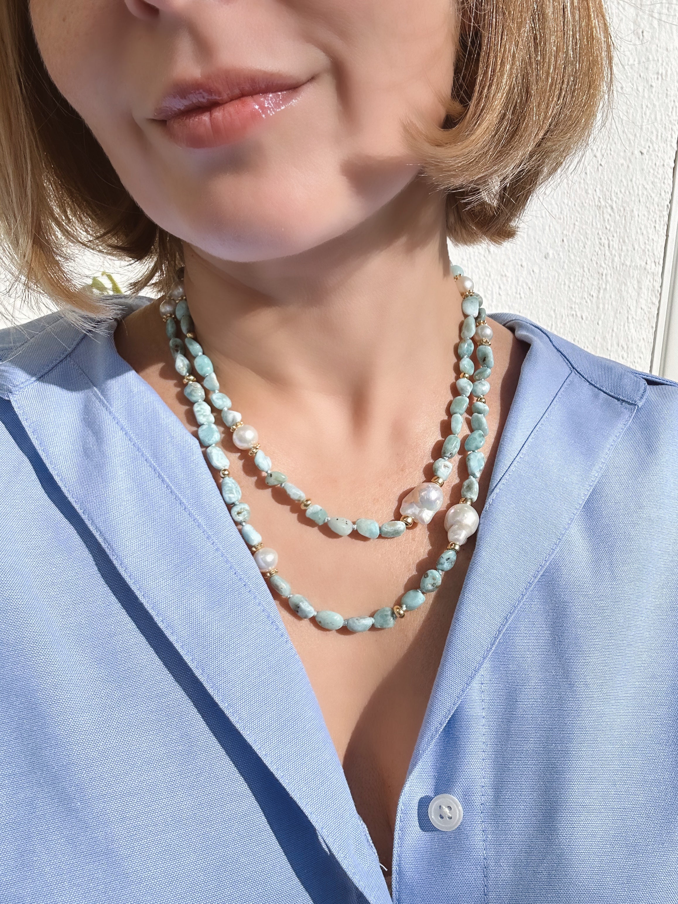 Long Larimar and Baroque Pearl necklace “La Romana”