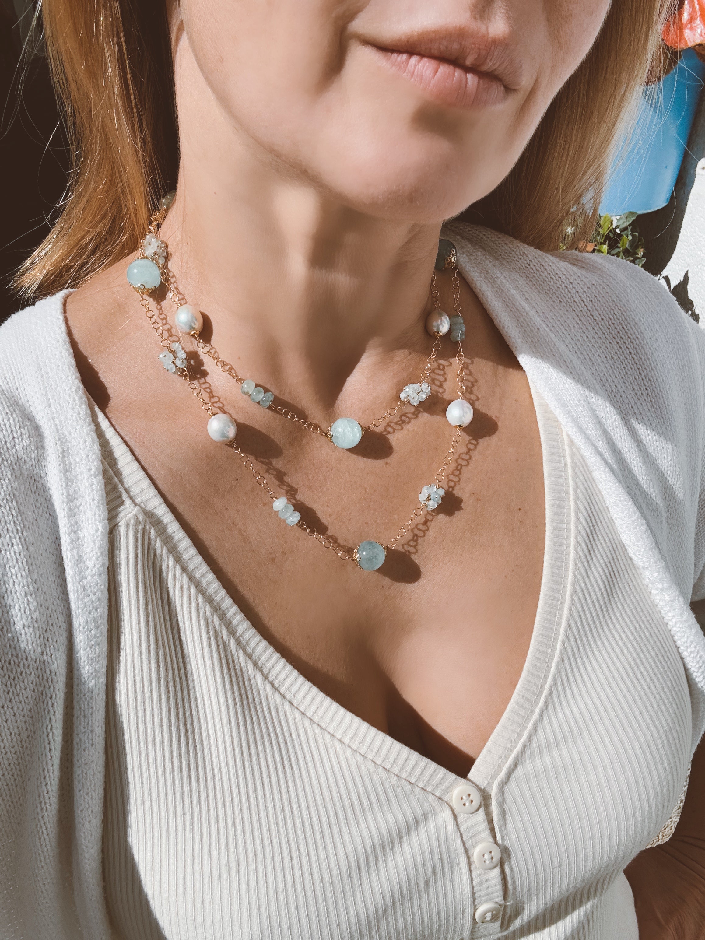 Aquamarine & Freshwater Pearl Long Necklace “Capri”