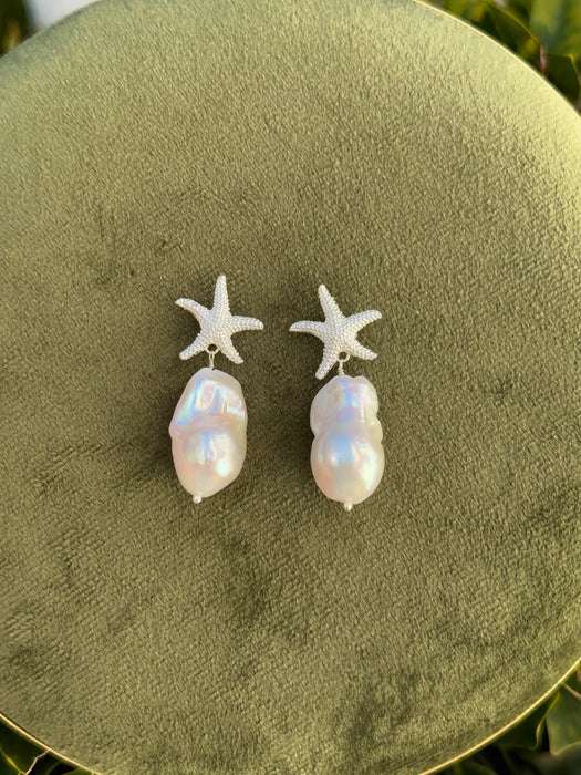 Silver Starfish Baroque Pearl Earrings