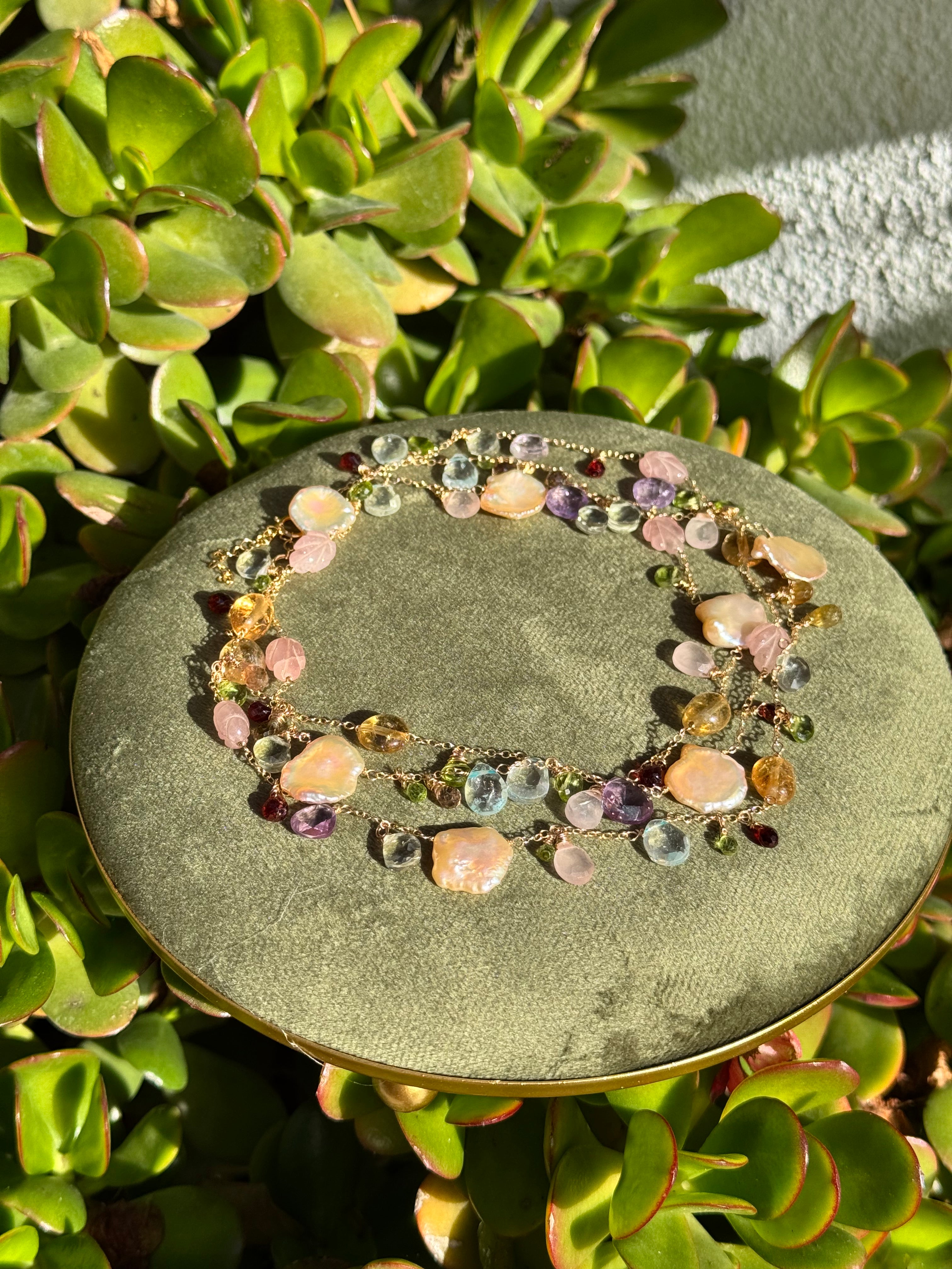 Multi Gemstone & Pink Keshi Pearl Long Necklace — 14k Gold Filled