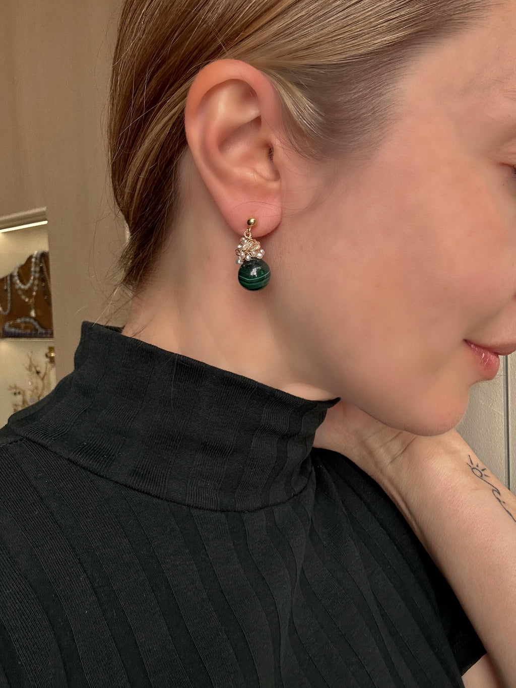 Malachite And Pearl Cluster Earrings