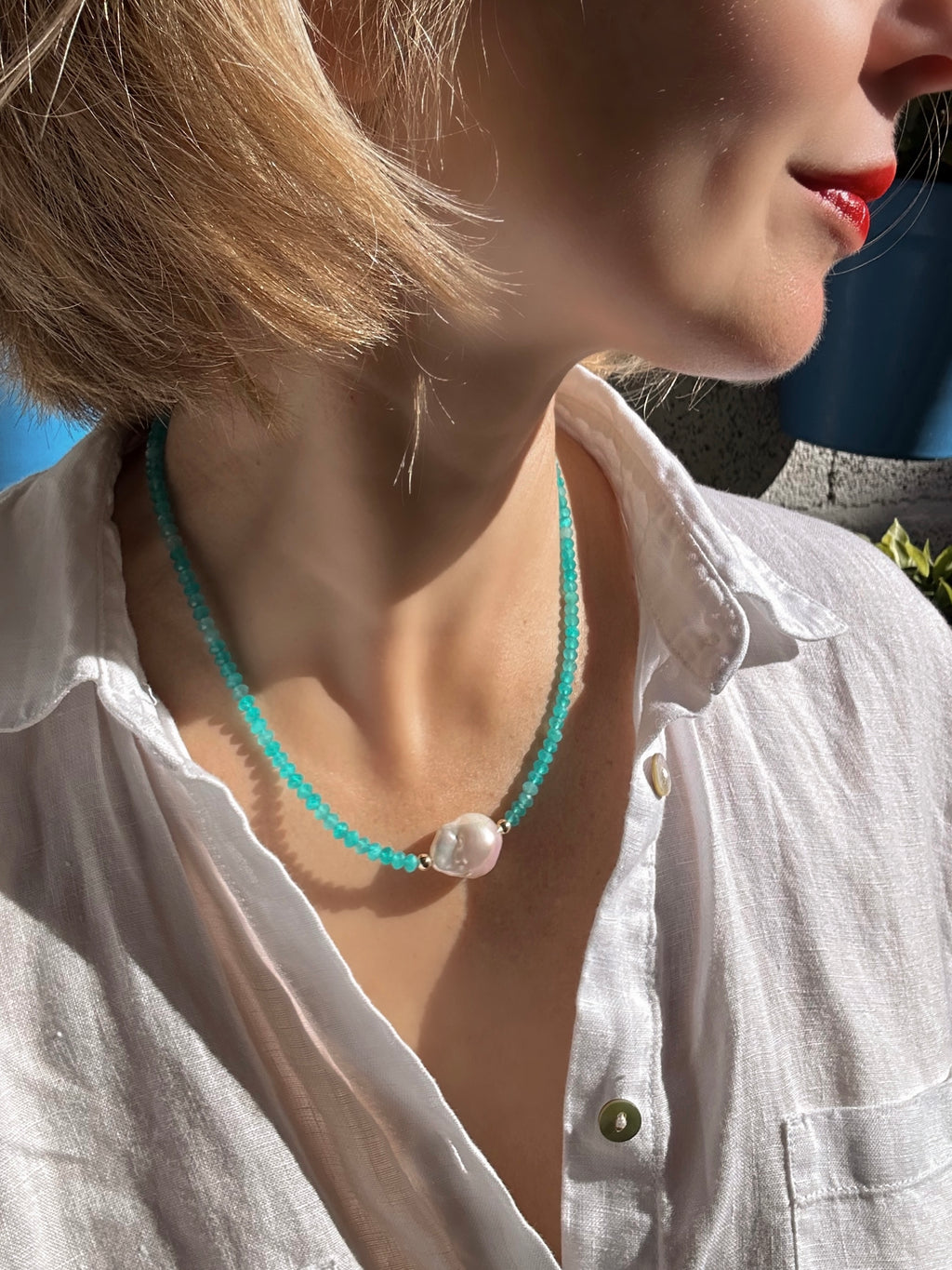 Amazonite From Peru And Baroque Pearl Necklace
