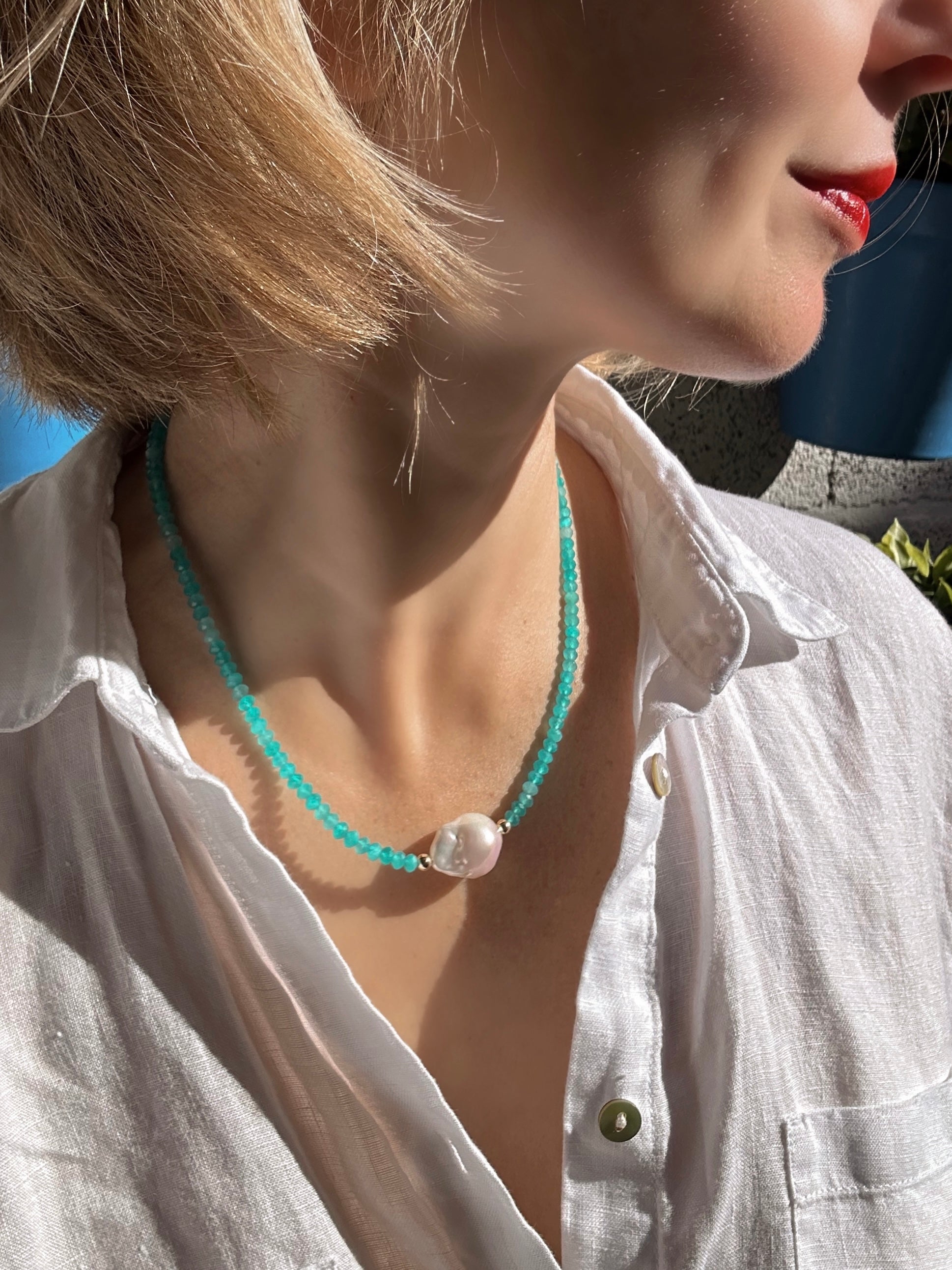 Amazonite From Peru And Baroque Pearl Necklace