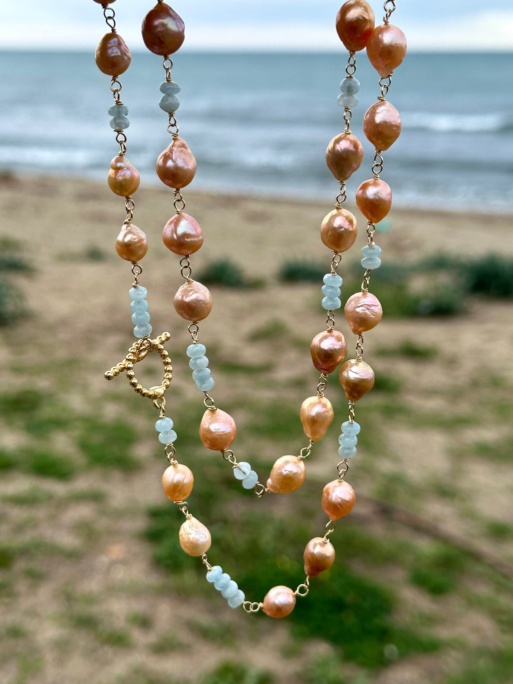 Pink Pearl And Aquamarine Necklace