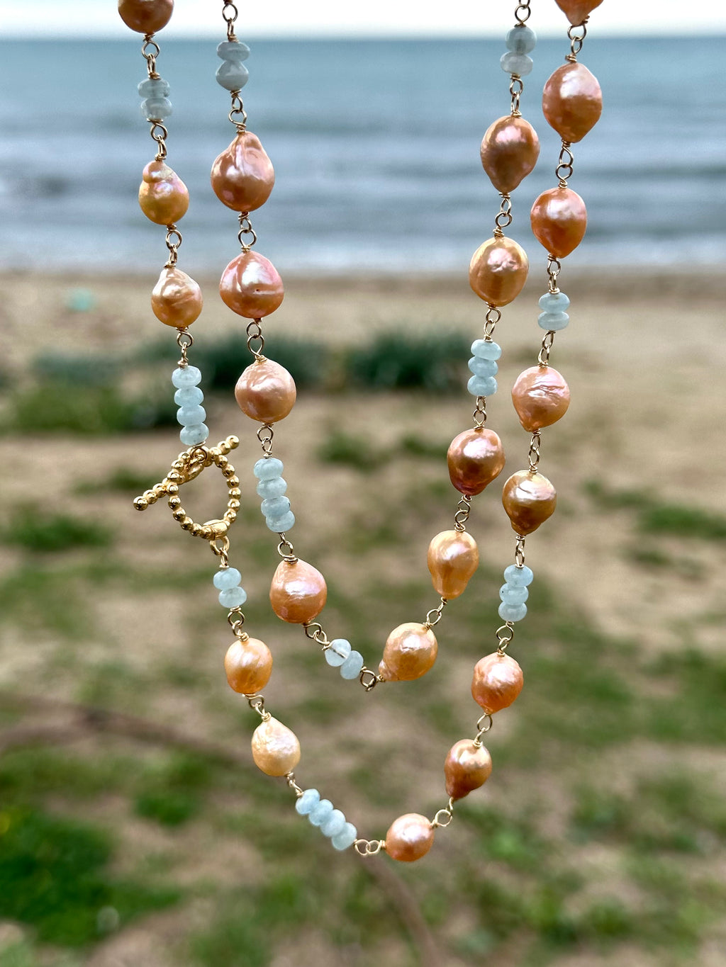 Pink Pearl And Aquamarine Necklace
