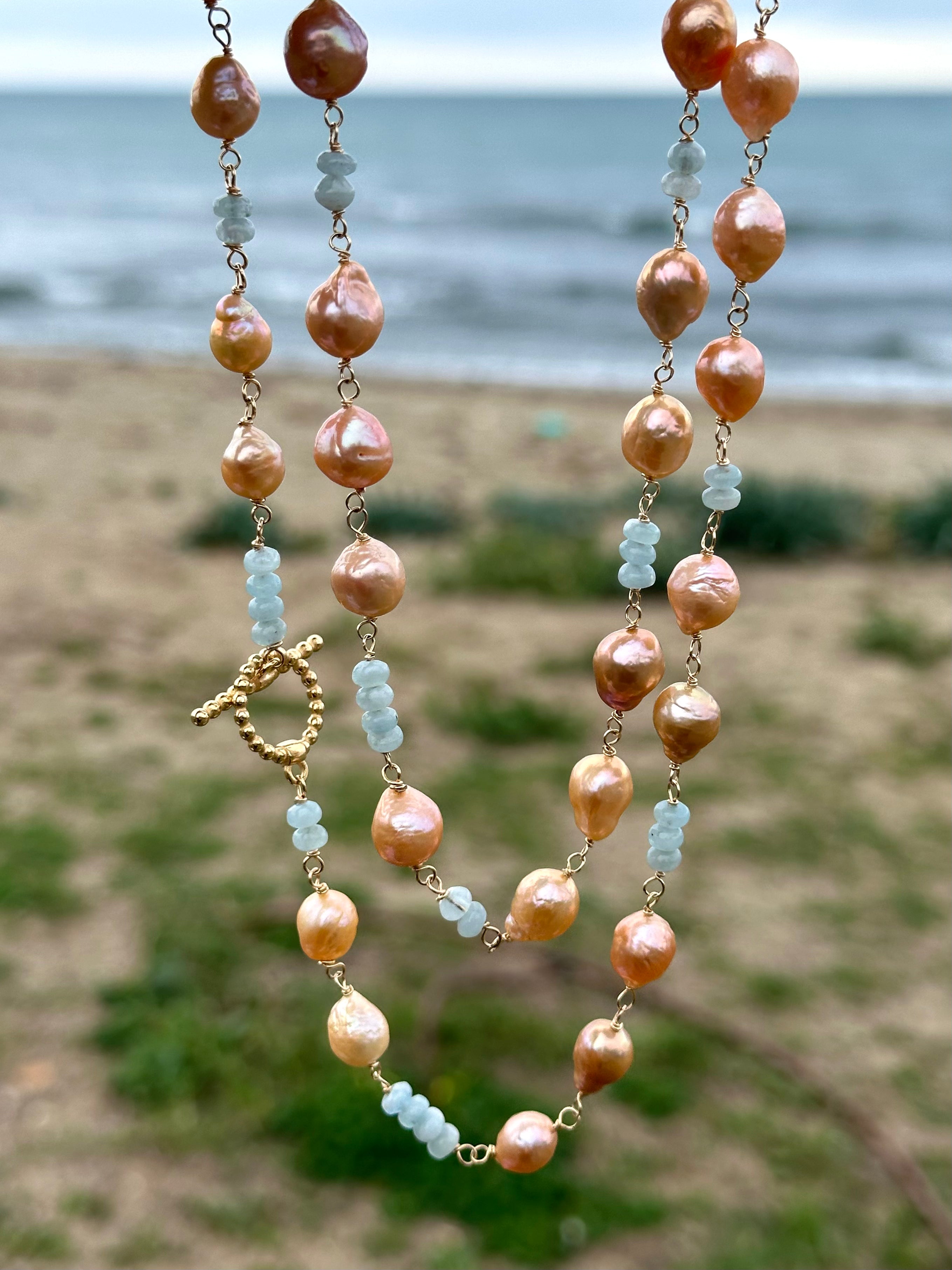 Pink Pearl And Aquamarine Necklace
