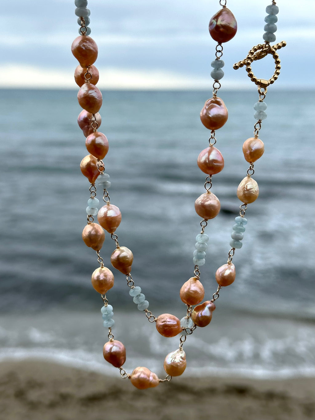 Pink Pearl And Aquamarine Necklace