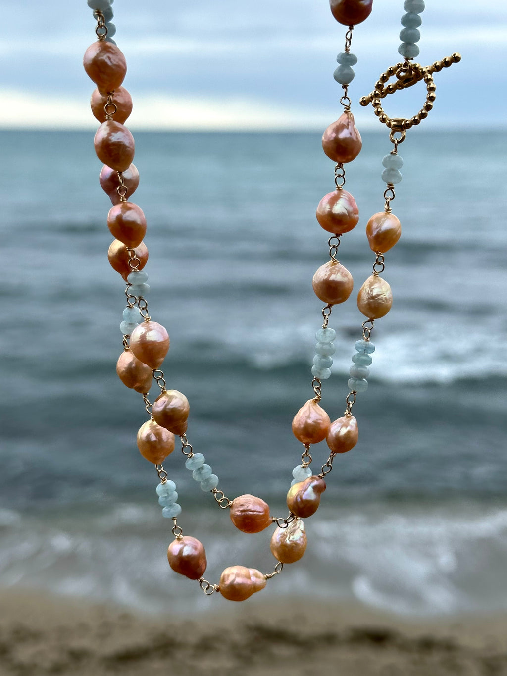 Pink Pearl And Aquamarine Necklace