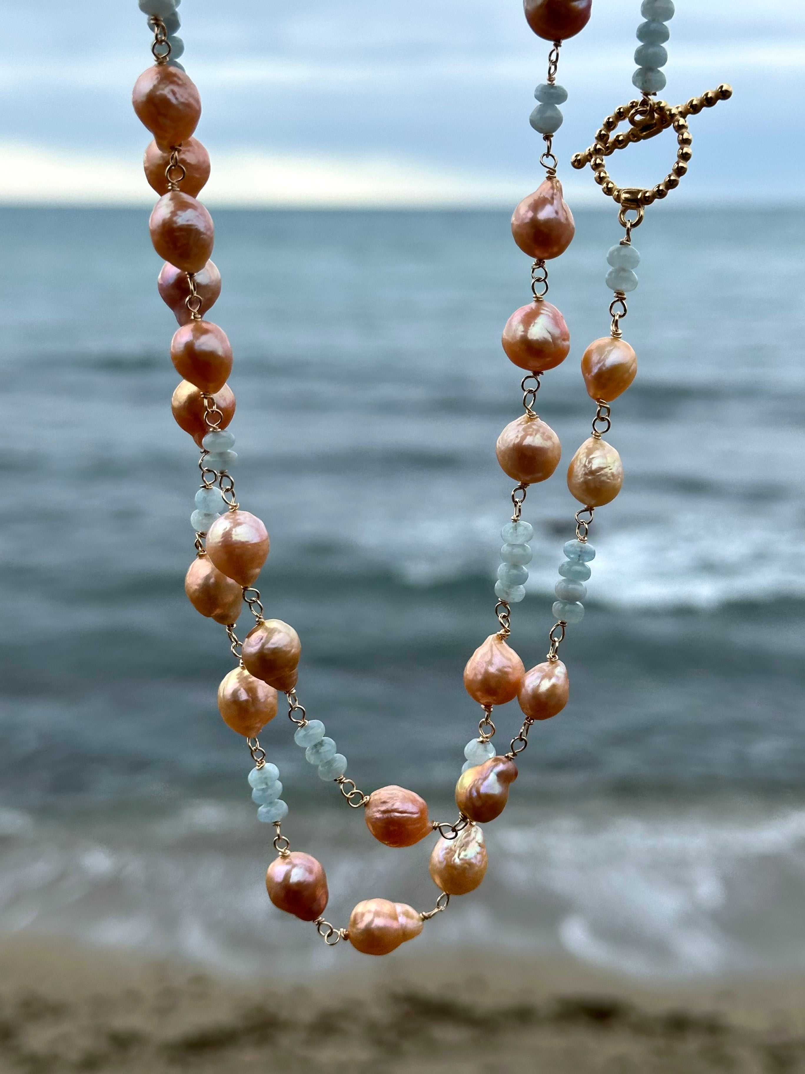 Pink Pearl And Aquamarine Necklace