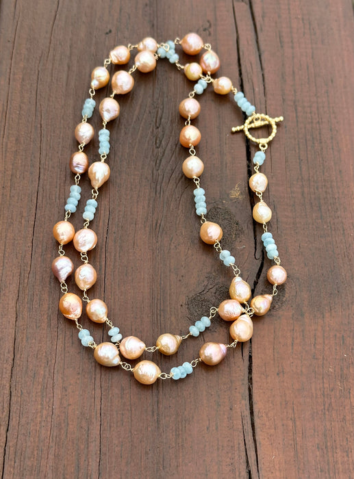 Pink Pearl And Aquamarine Necklace