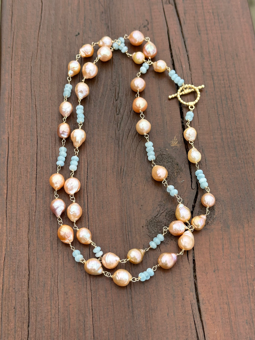 Pink Pearl And Aquamarine Necklace