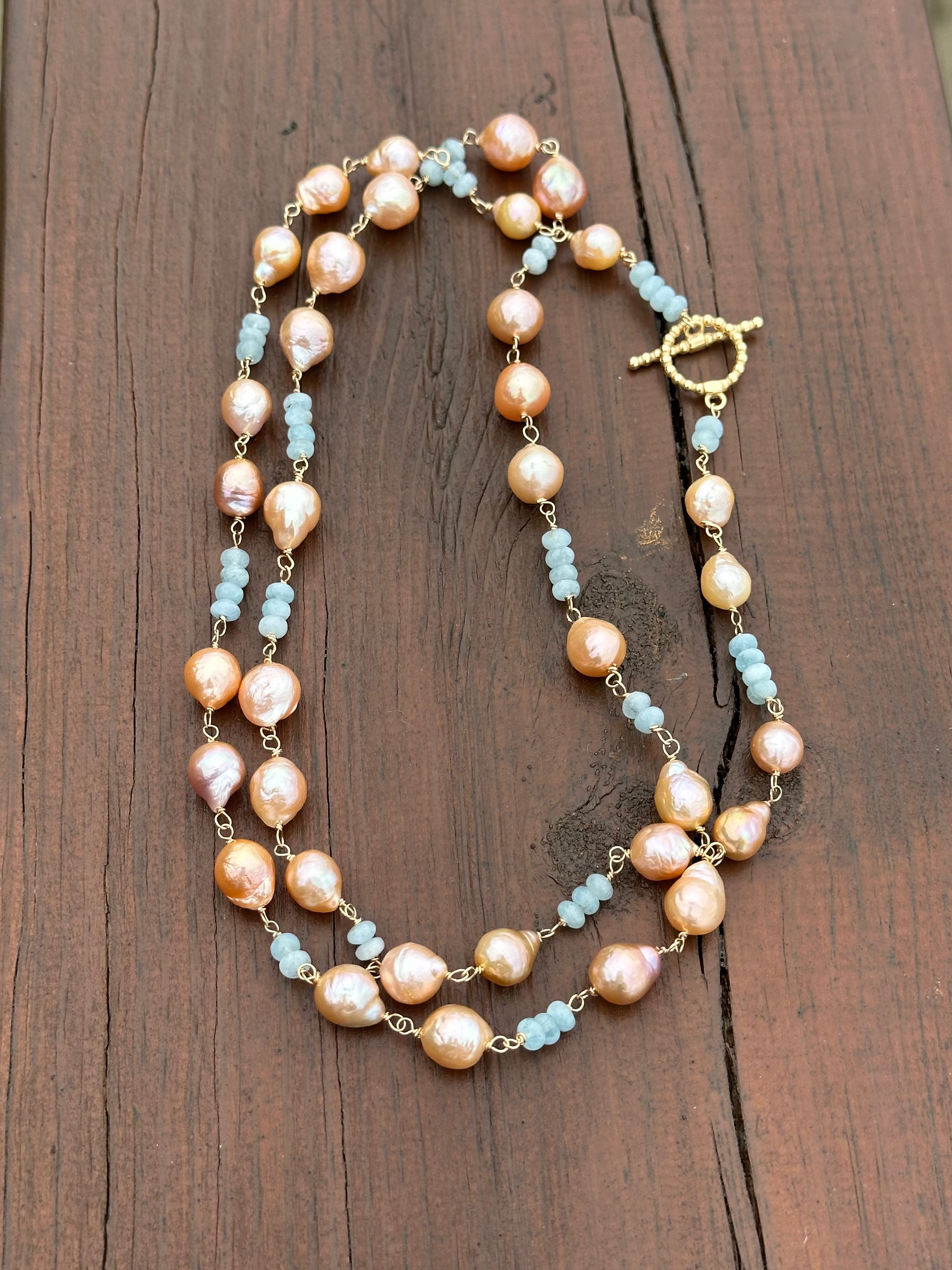 Pink Pearl And Aquamarine Necklace