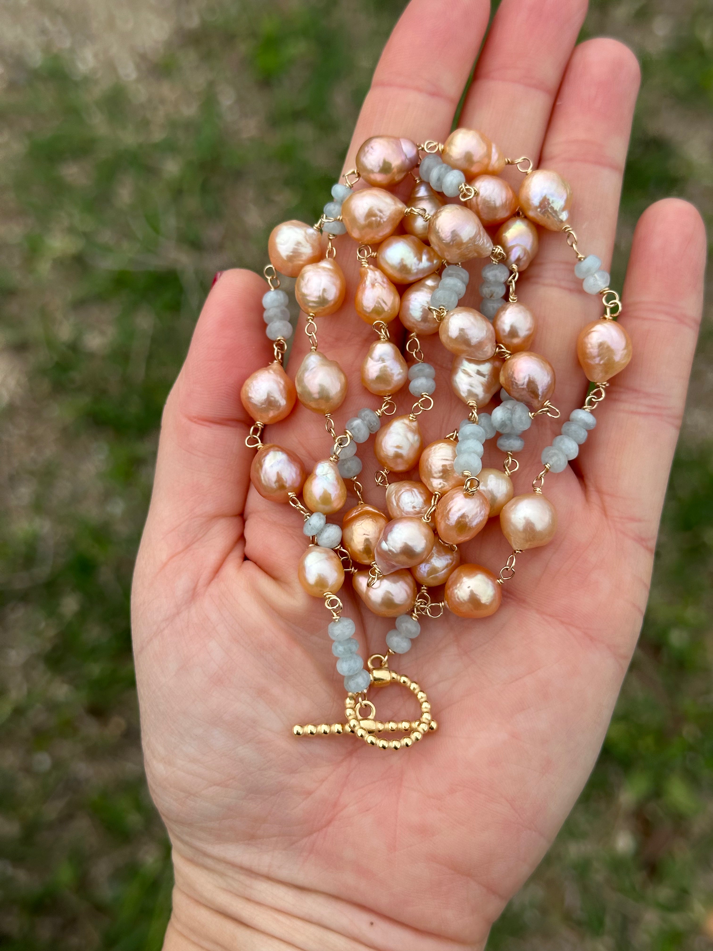 Pink Pearl And Aquamarine Necklace