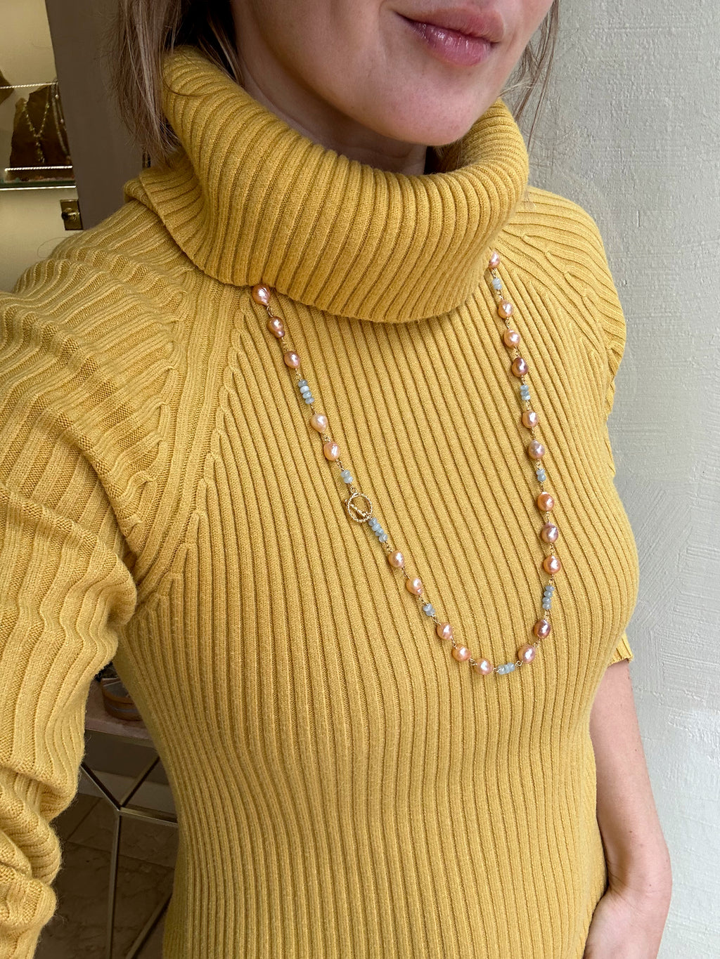 Pink Pearl And Aquamarine Necklace