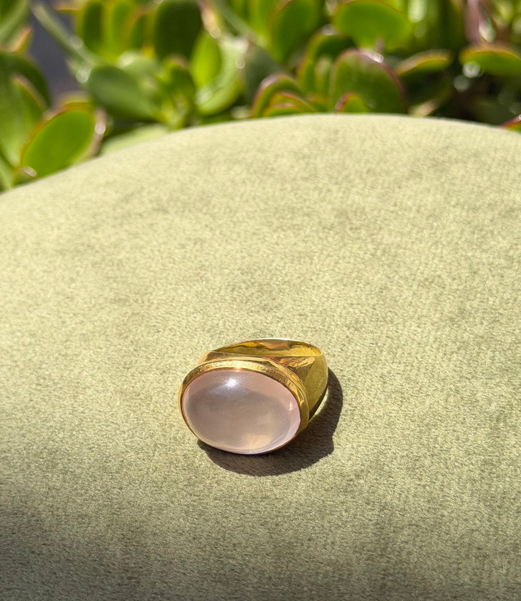 Soft Rose Quartz Cabochon Ring — Gold‑Plated Sterling Silver