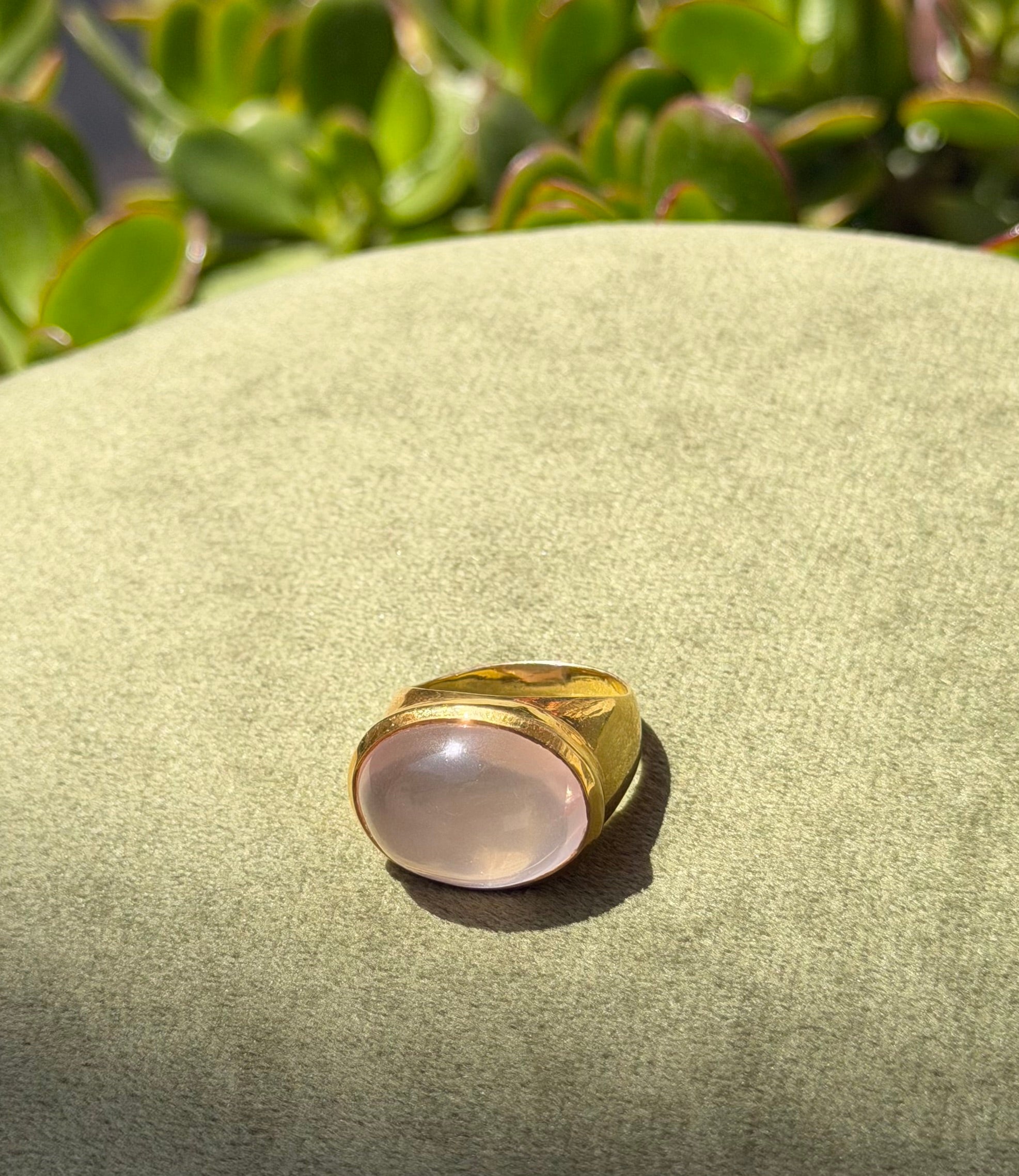 Soft Rose Quartz Cabochon Ring — Gold‑Plated Sterling Silver