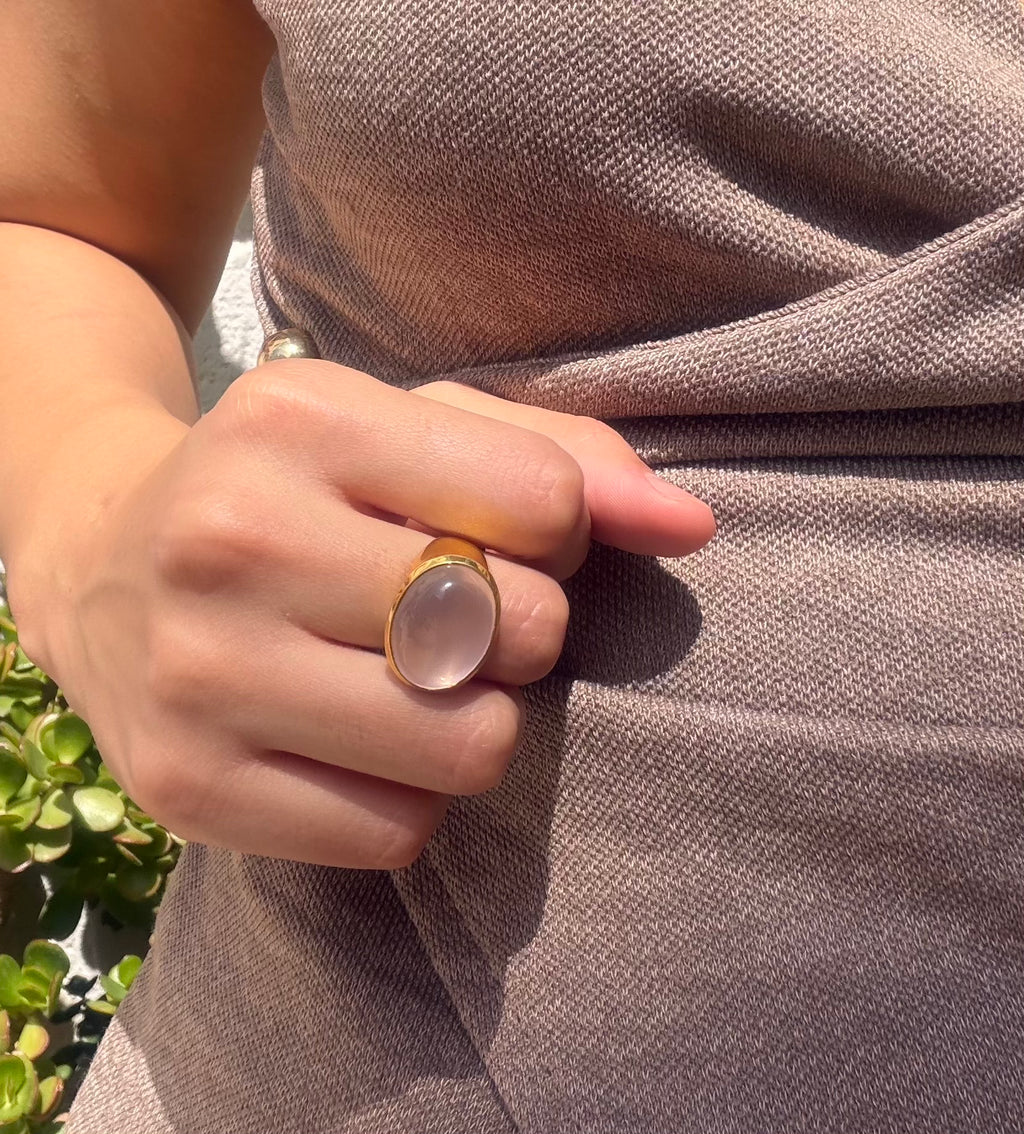 Soft Rose Quartz Cabochon Ring — Gold‑Plated Sterling Silver