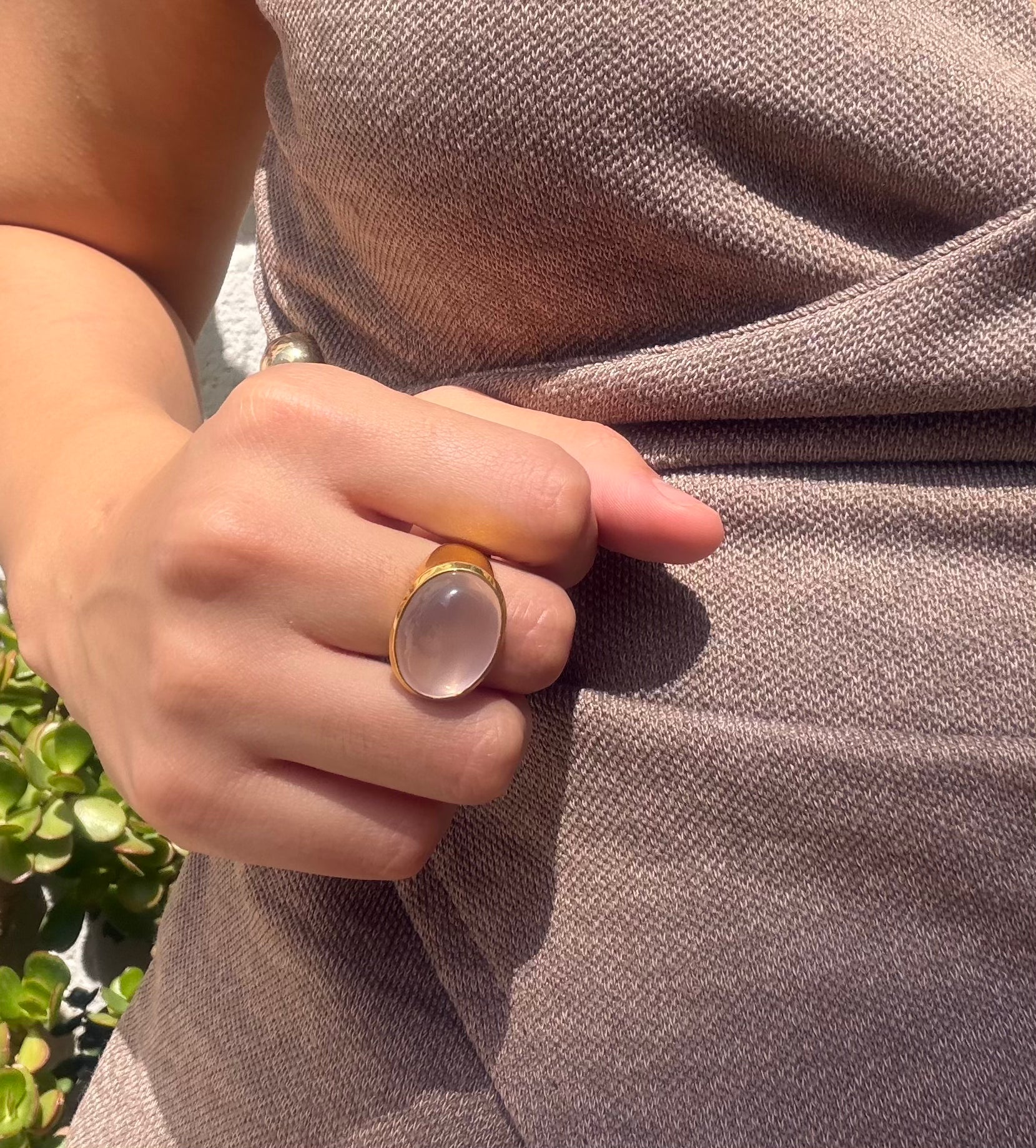 Soft Rose Quartz Cabochon Ring — Gold‑Plated Sterling Silver
