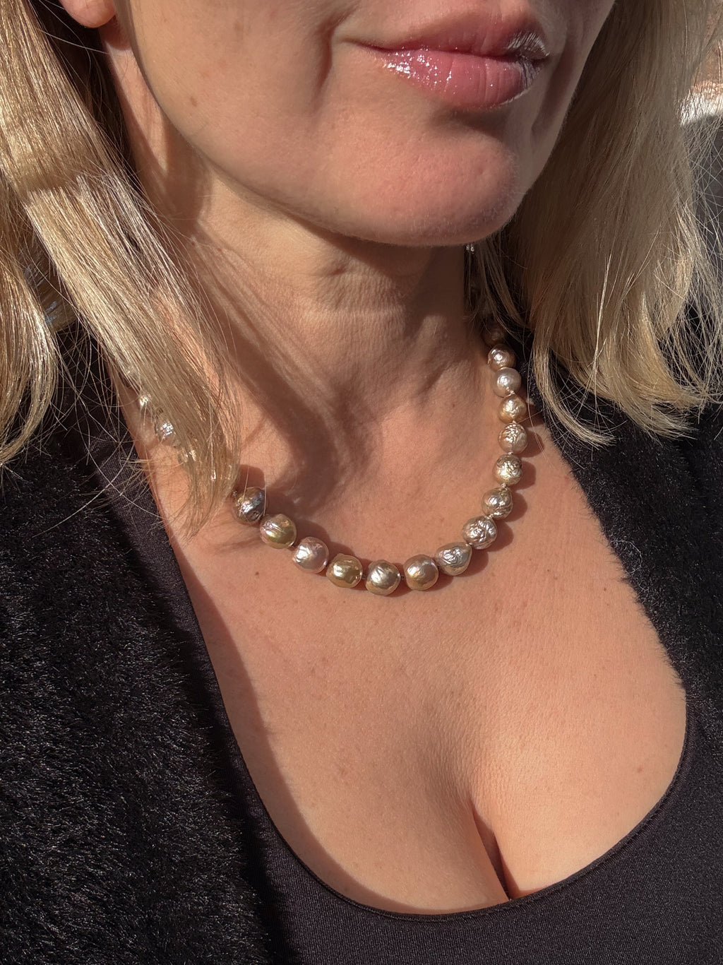 Lavender Blush Edison Baroque Pearl Necklace – Multicolored Tourmaline Tassel — 18"