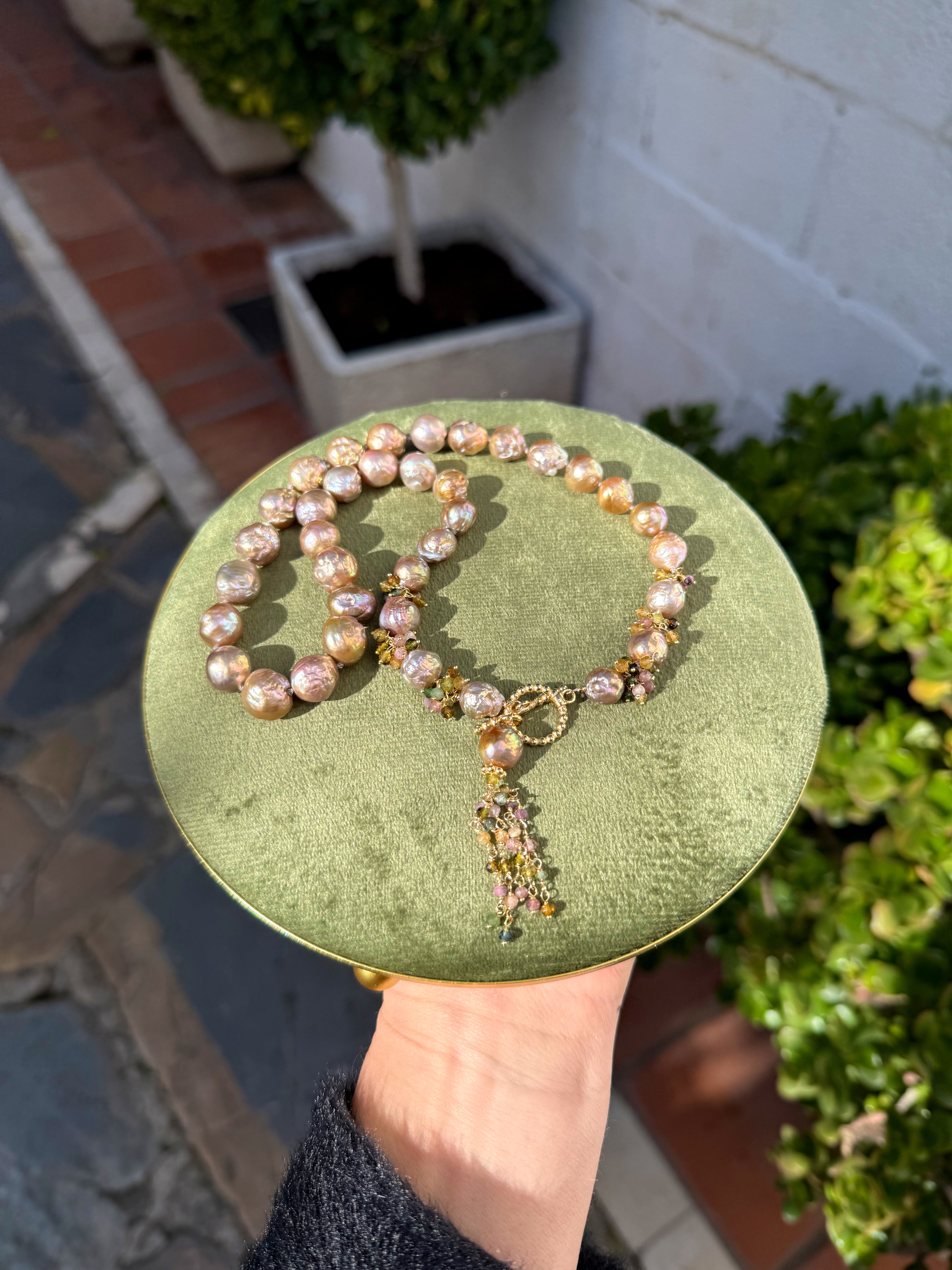 Lavender Blush Edison Baroque Pearl Necklace – Multicolored Tourmaline Tassel — 18"