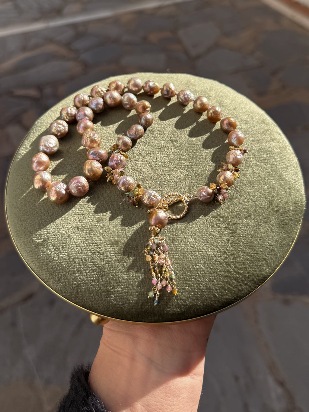 Lavender Blush Edison Baroque Pearl Necklace – Multicolored Tourmaline Tassel — 18"