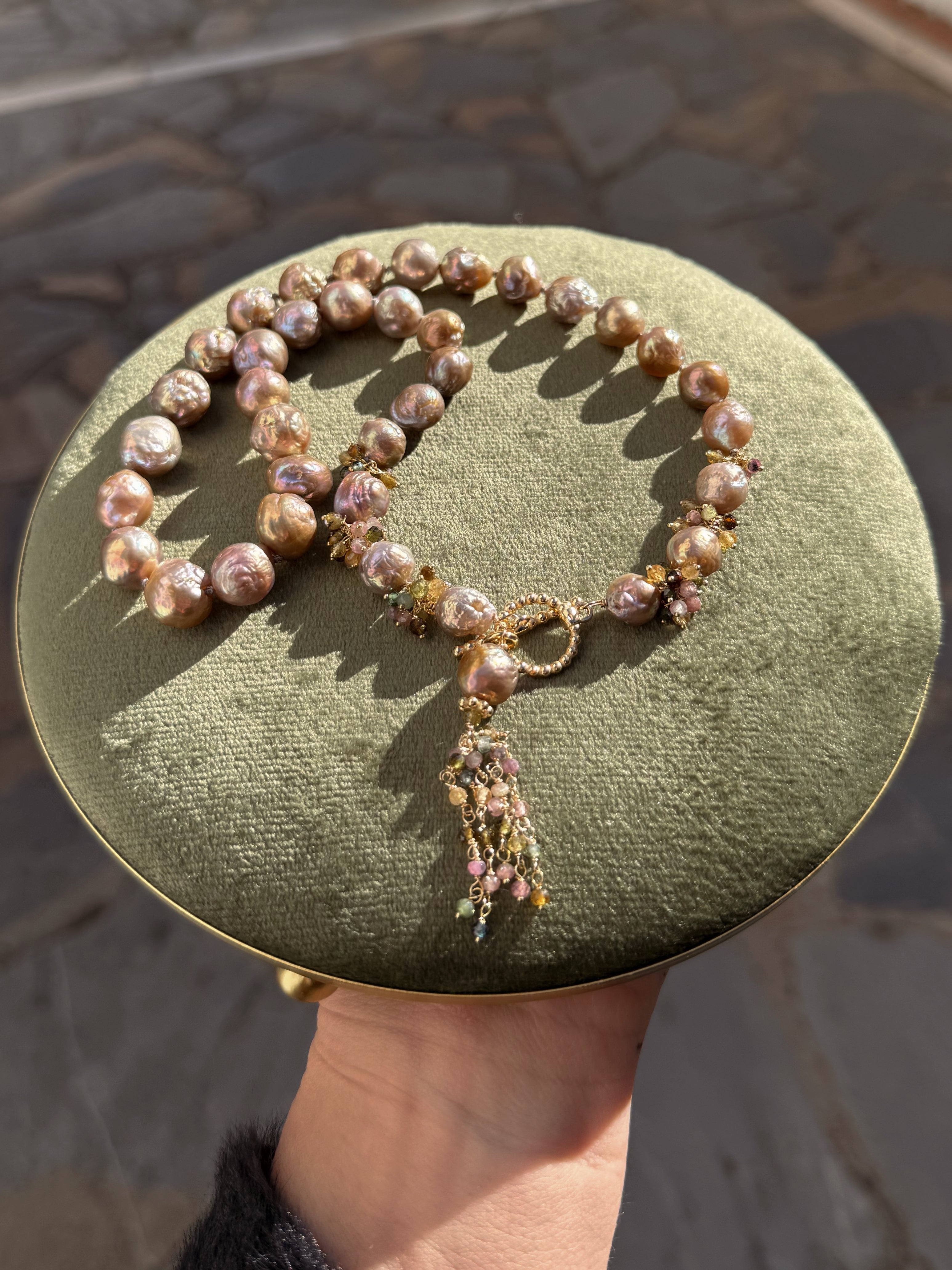 Lavender Blush Edison Baroque Pearl Necklace – Multicolored Tourmaline Tassel — 18"