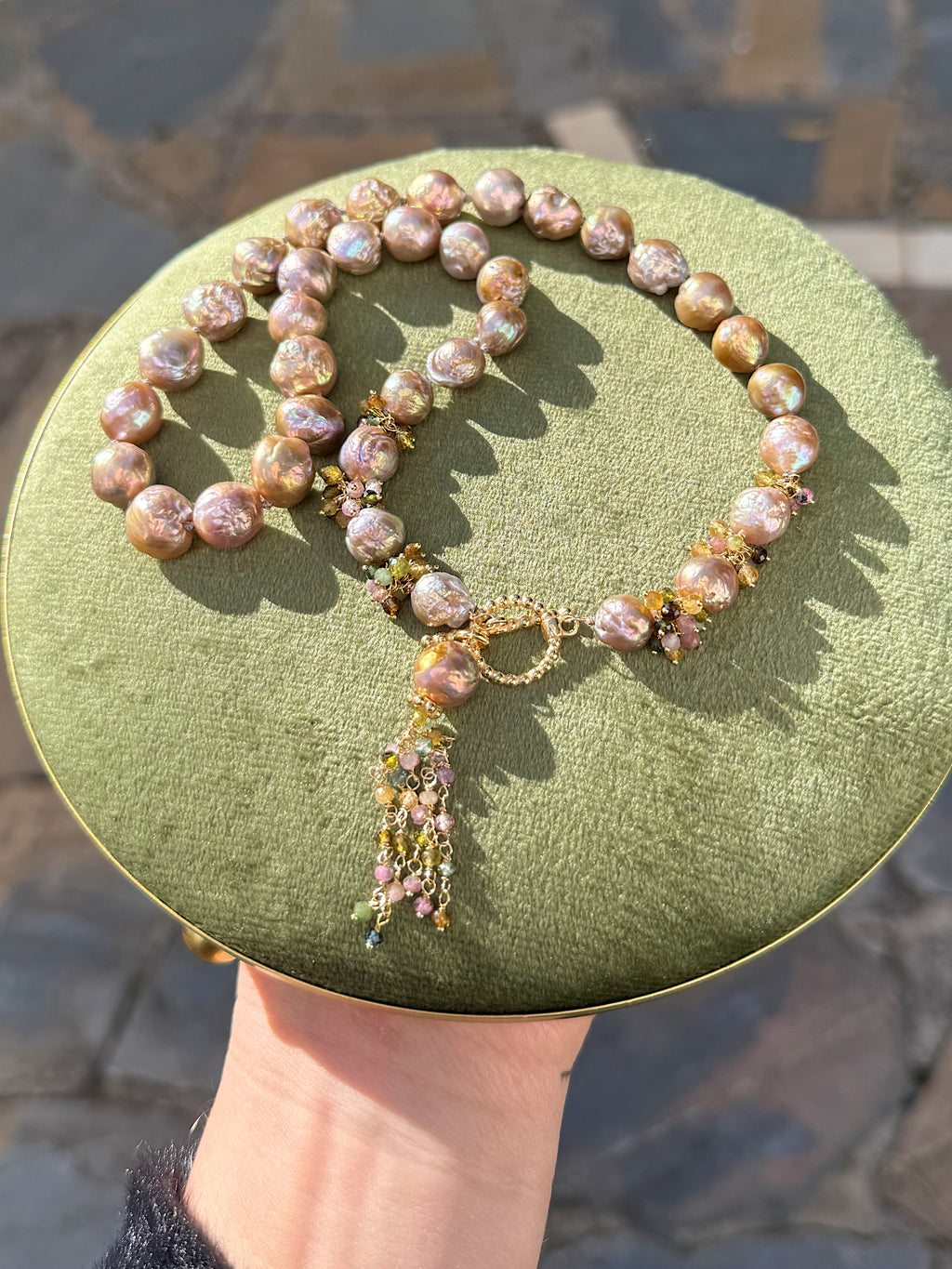 Lavender Blush Edison Baroque Pearl Necklace – Multicolored Tourmaline Tassel — 18"