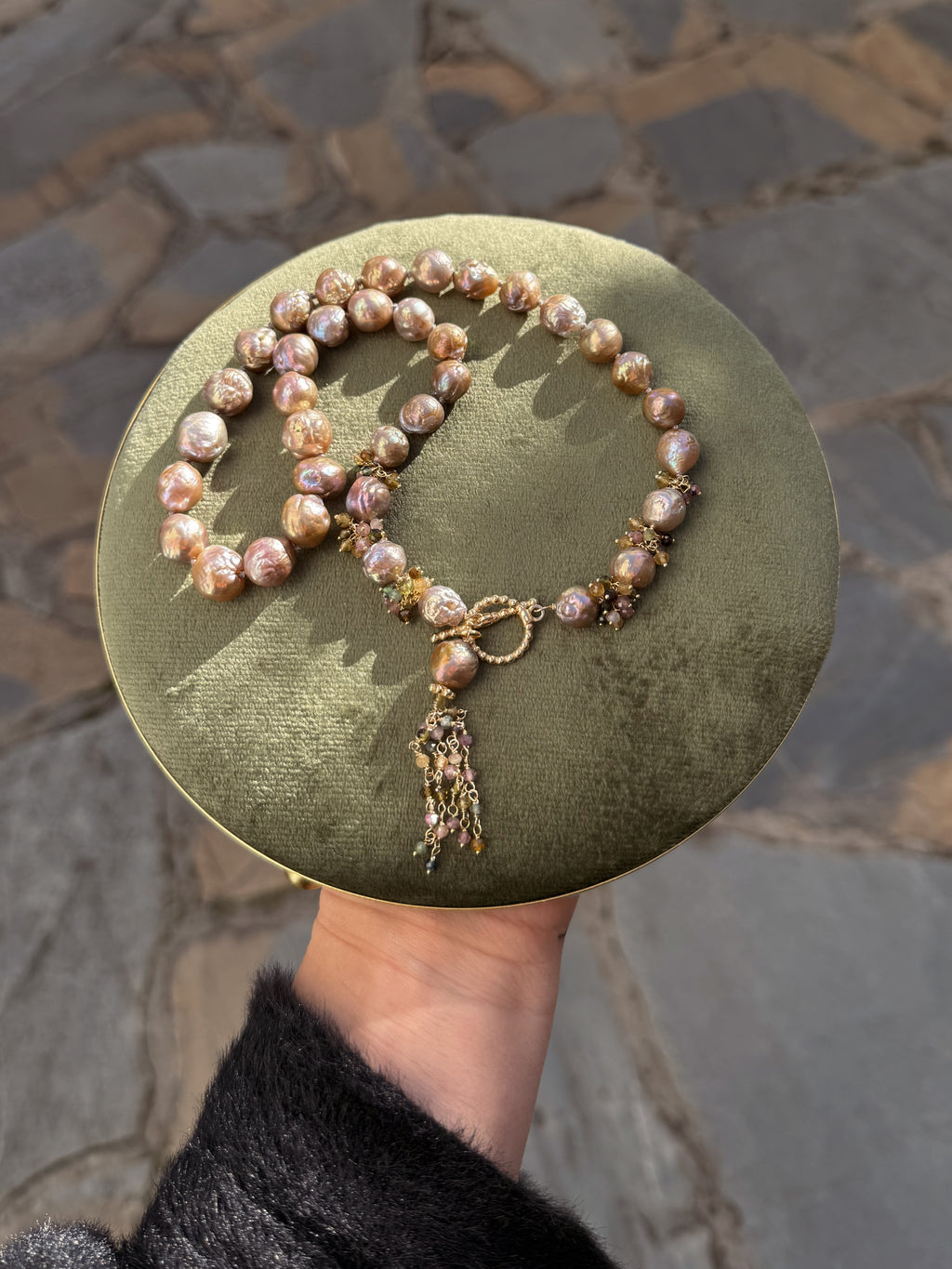 Lavender Blush Edison Baroque Pearl Necklace – Multicolored Tourmaline Tassel — 18"