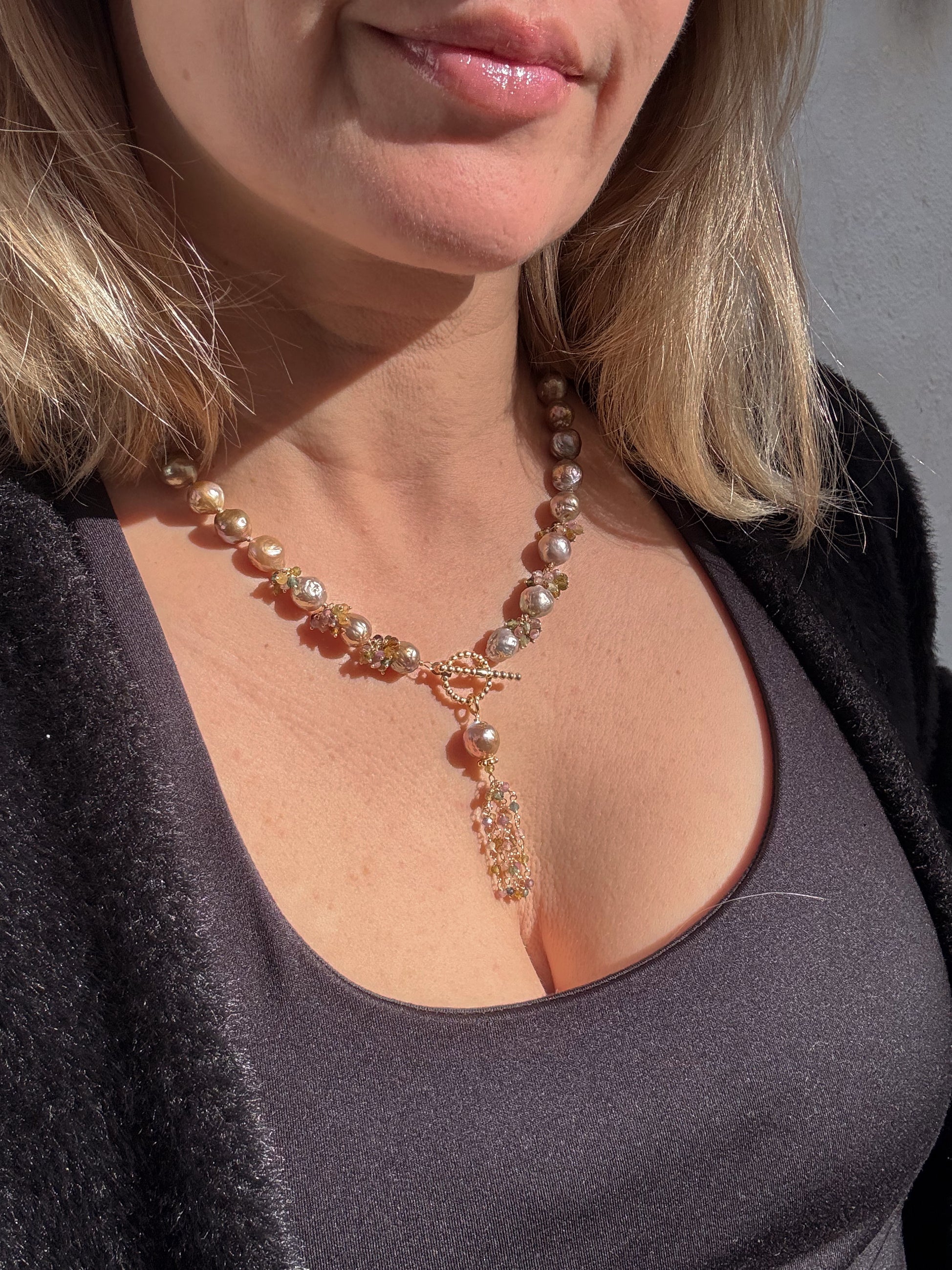 Lavender Blush Edison Baroque Pearl Necklace – Multicolored Tourmaline Tassel — 18"