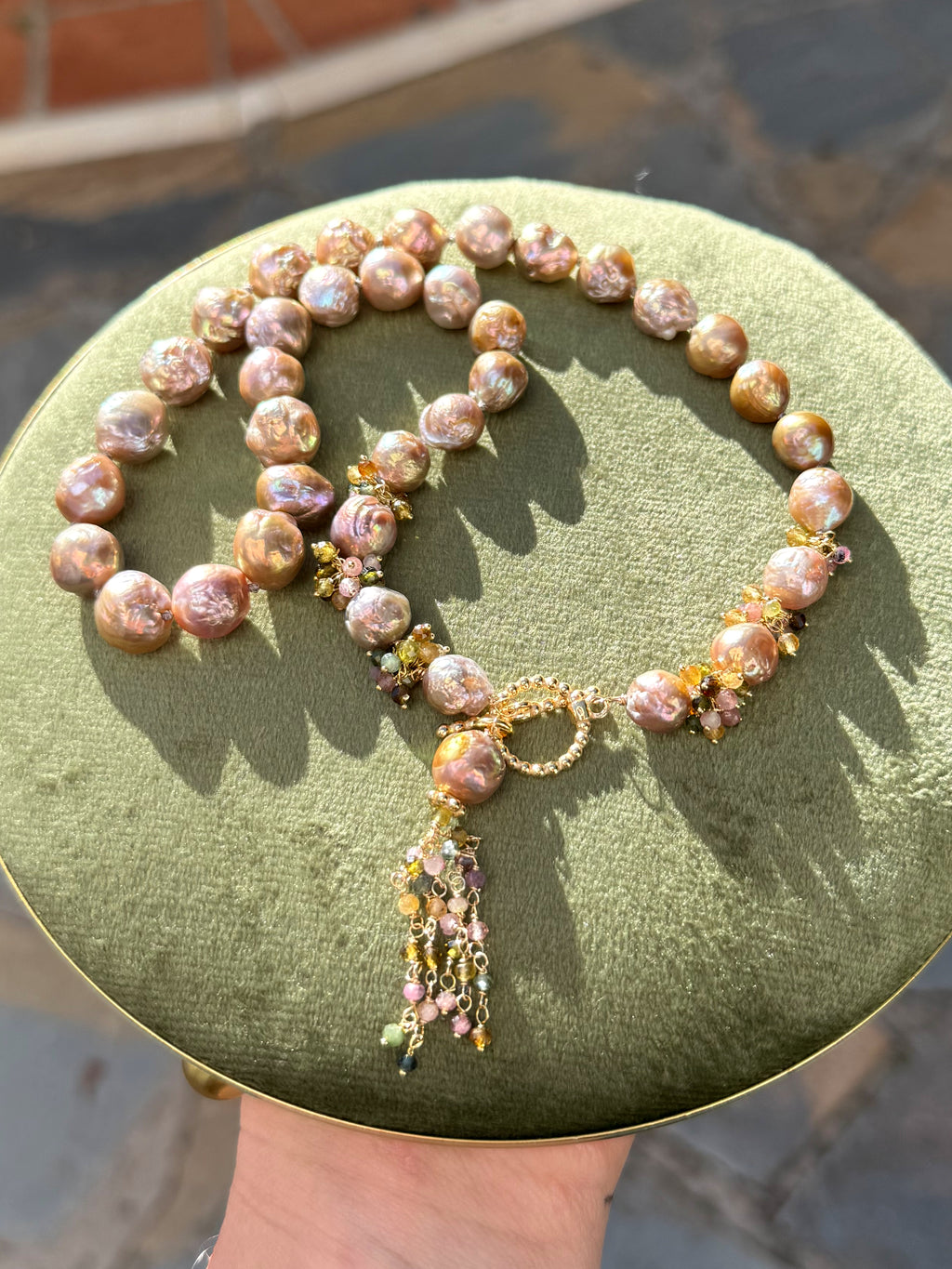 Lavender Blush Edison Baroque Pearl Necklace – Multicolored Tourmaline Tassel — 18"